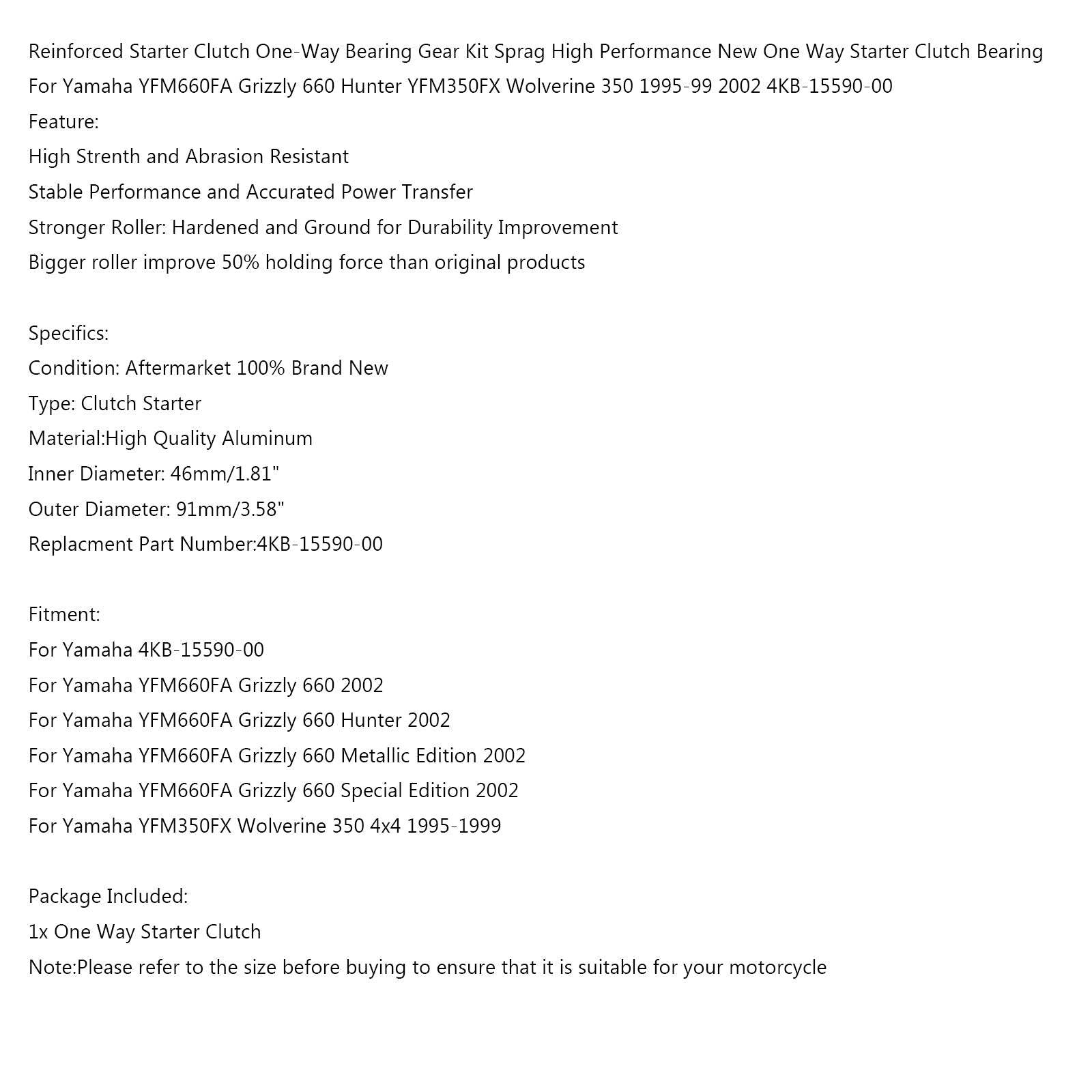 Kit cuscinetto unidirezionale frizione avviamento per Yamaha YFM660FA Grizzly 660 Hunter generico