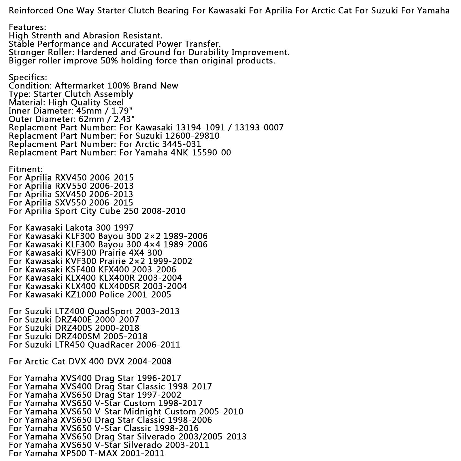 Cuscinetto frizione avviamento unidirezionale per Yamaha XVS 400 650 950 1300 XVZ Drag V Star generico