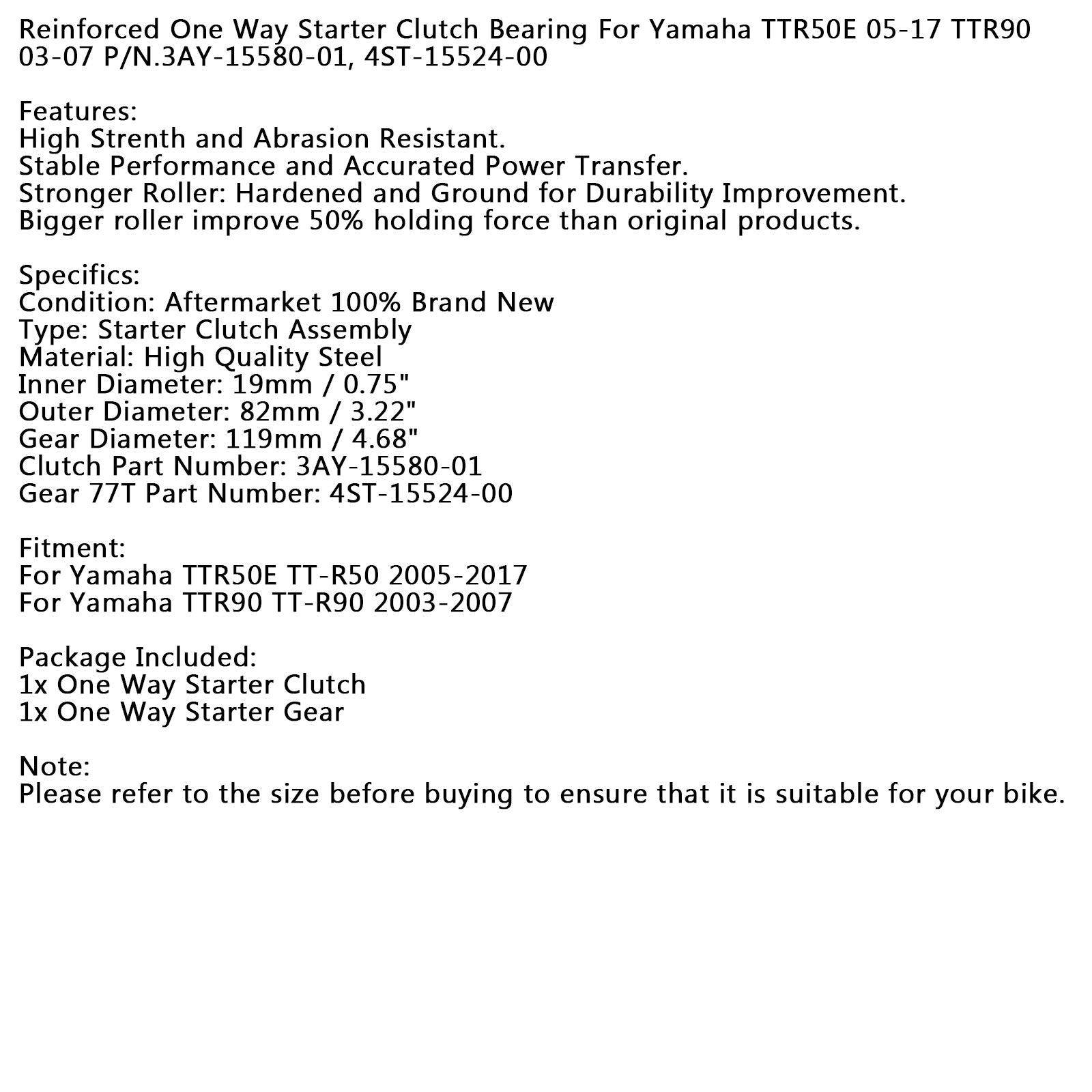 Embrayage et engrenage de démarrage à sens unique pour Yamaha TTR TT-R 50E TTR90 03-17 4ST-15524-00 générique