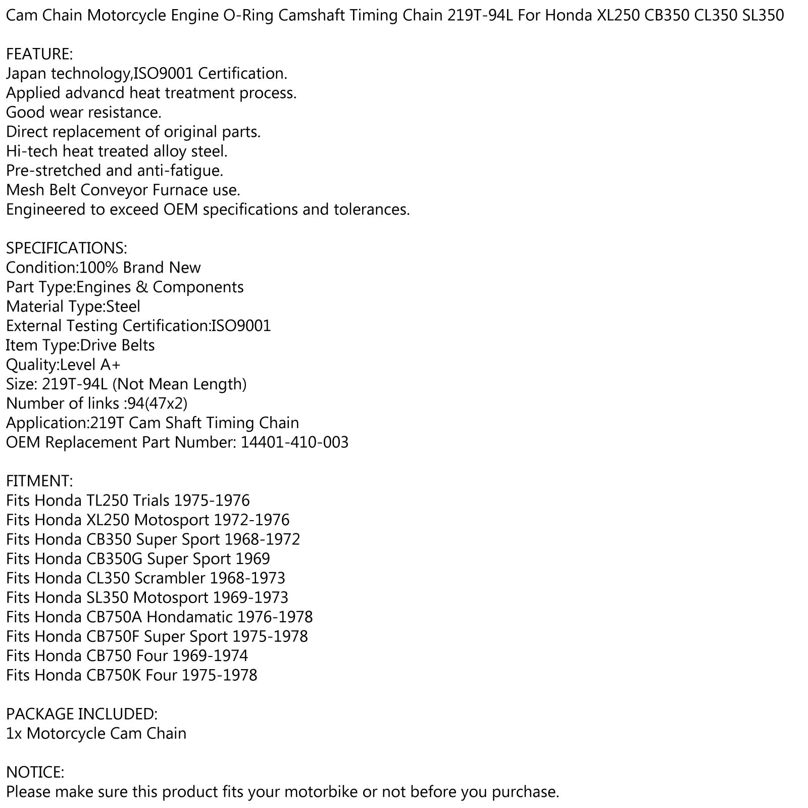 Chaîne de came de distribution pour Honda 14401-410-003 TL250 XL250 CB350 CL350 SL350 68-76 générique