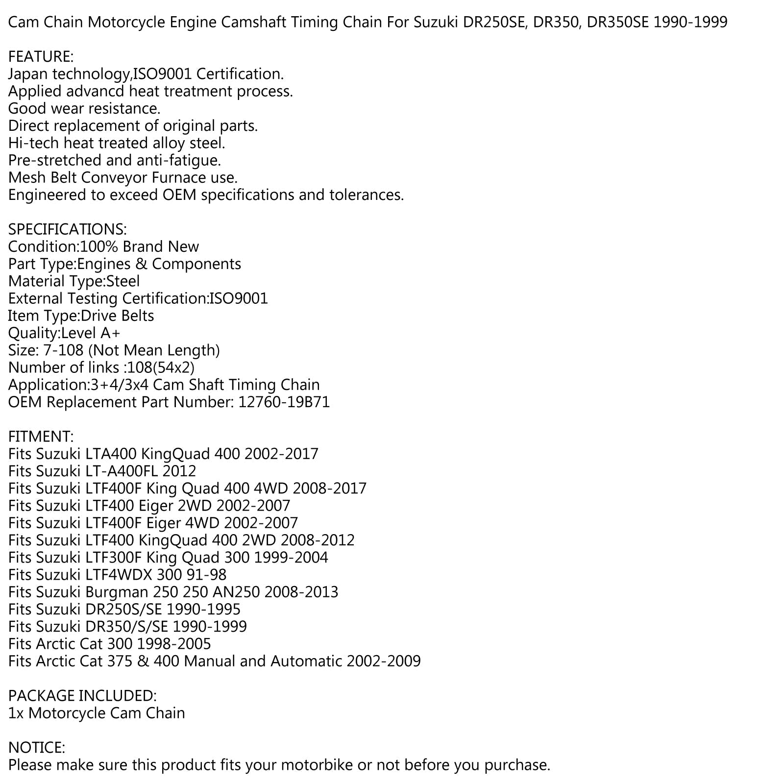 Chaîne de came de distribution 108L pour Suzuki AN250 DR250 DR350 LTF400 LTF300 12760-19B71 générique