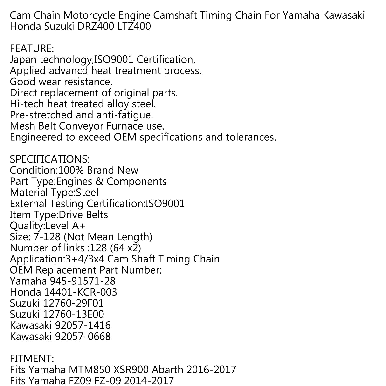 Chaîne de came de distribution 128L KMC pour Suzuki Quadsport Z400 LTZ400/Z DR-Z400 /E/S/SM générique