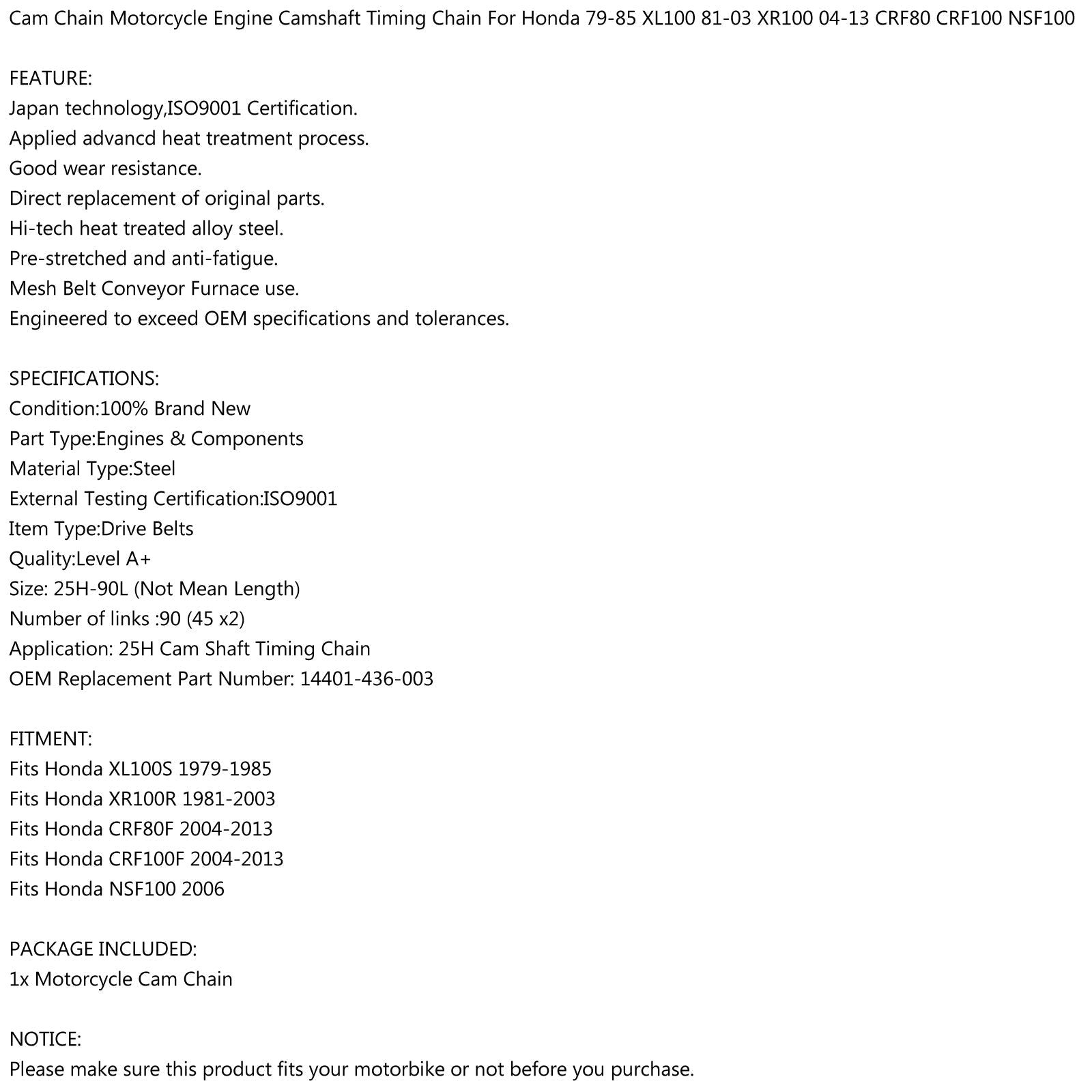 Chaîne de came de distribution 25H-90L pour Honda NSF100 CRF100F XL100S CRF80F XR100R 79-13 générique