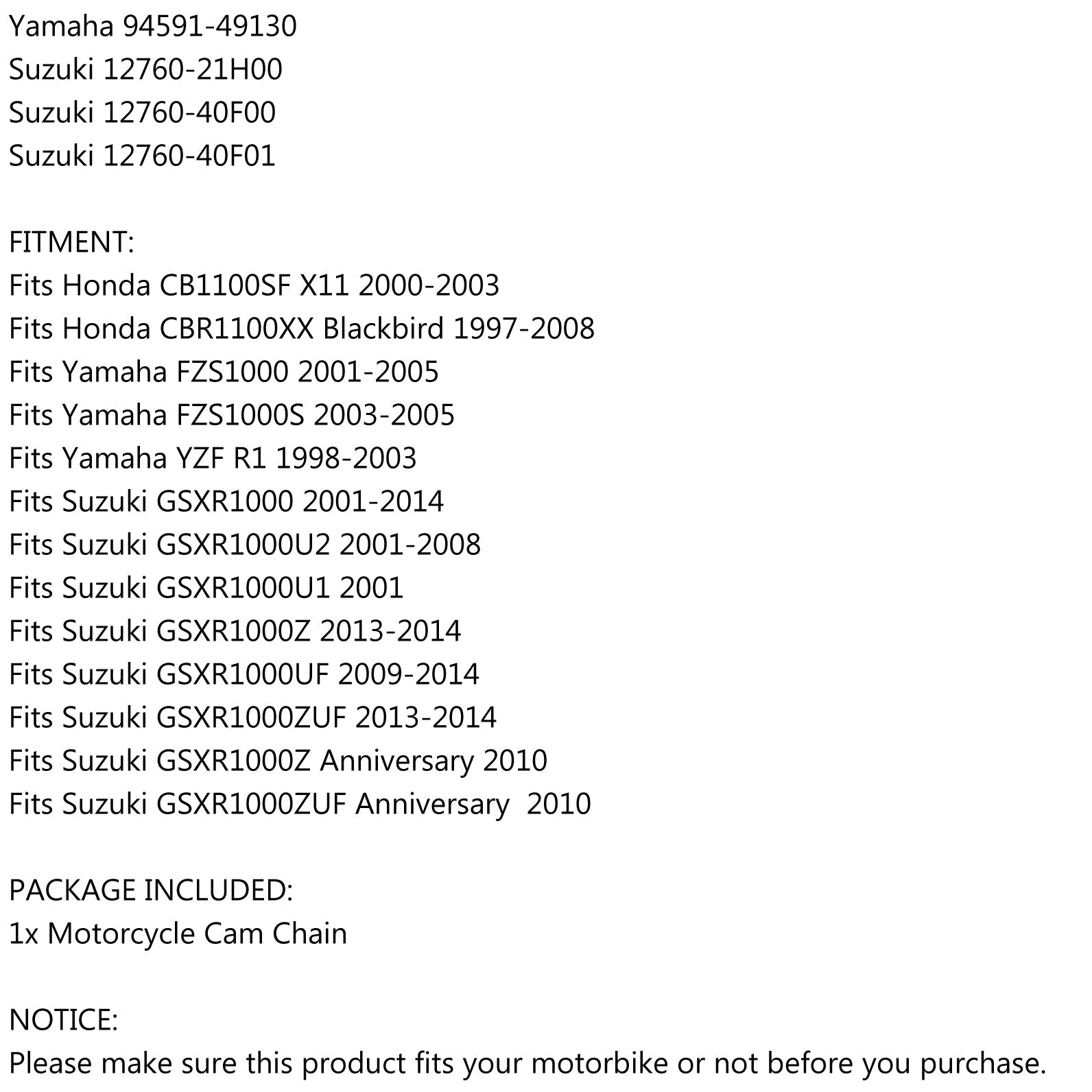 Chaîne de came de distribution pour Honda CBR1100XX Blackbird CBR1100SF 97-03 14401-MAT-003 générique