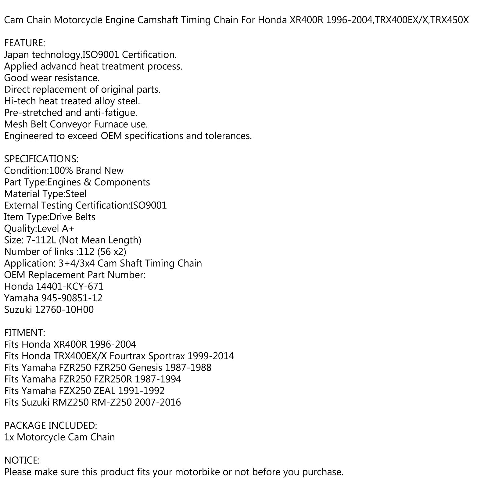 Chaîne de came de distribution 112L pour Honda TRX400EX X Sportrax 99-14 XR400 14401-KCY-671 générique