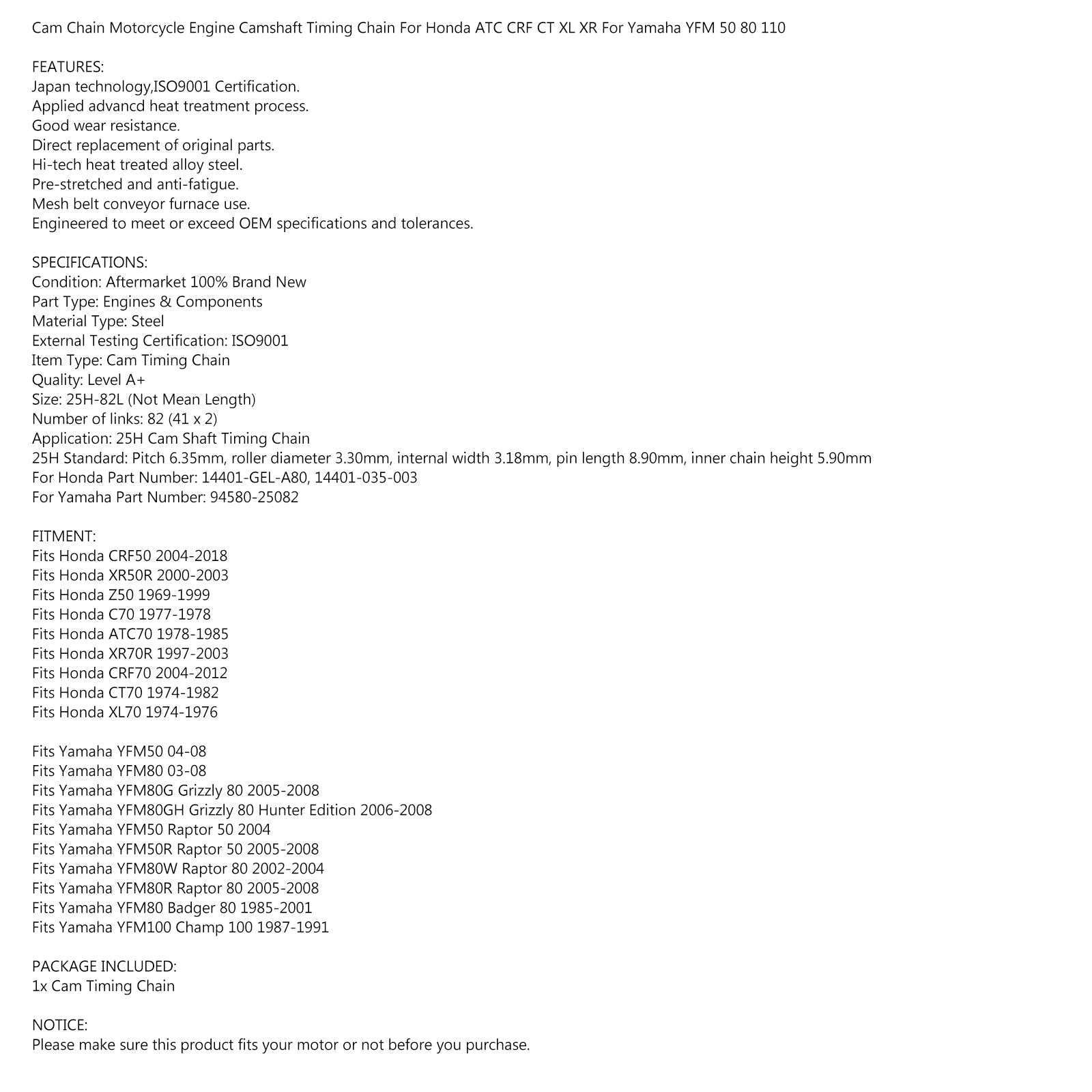 82L nokkaketju Honda Z XR CRF CT XL SL CL ATC 50 70 #14401-GEL-A80 Generic