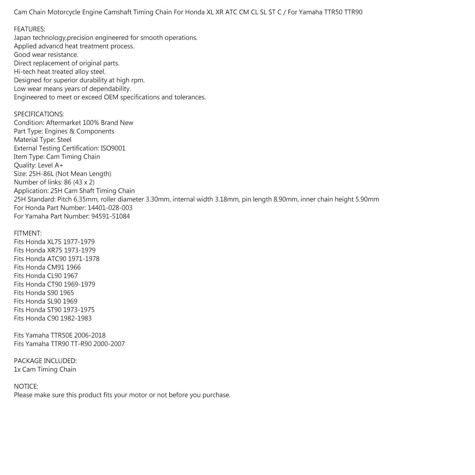 Łańcuch rozrządu 86L Cam dla Honda CT9 C ST S CL CM ATC 90 1965-83 #14401-028-003 Generic