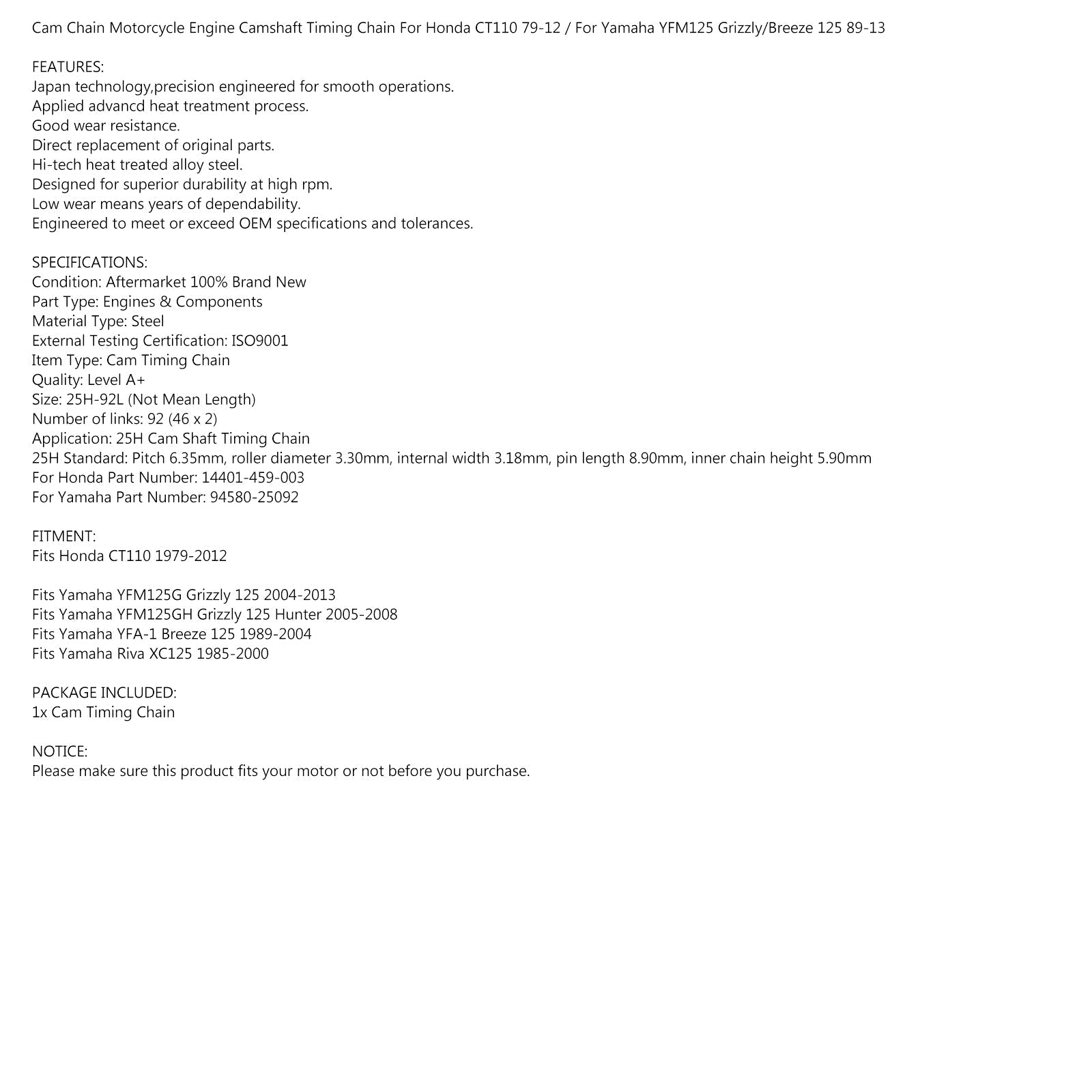 Łańcuch rozrządu dla Yamaha Breeze 125 89-04 Riva/Grizzly 125 04-13 #94580-25092 Generic