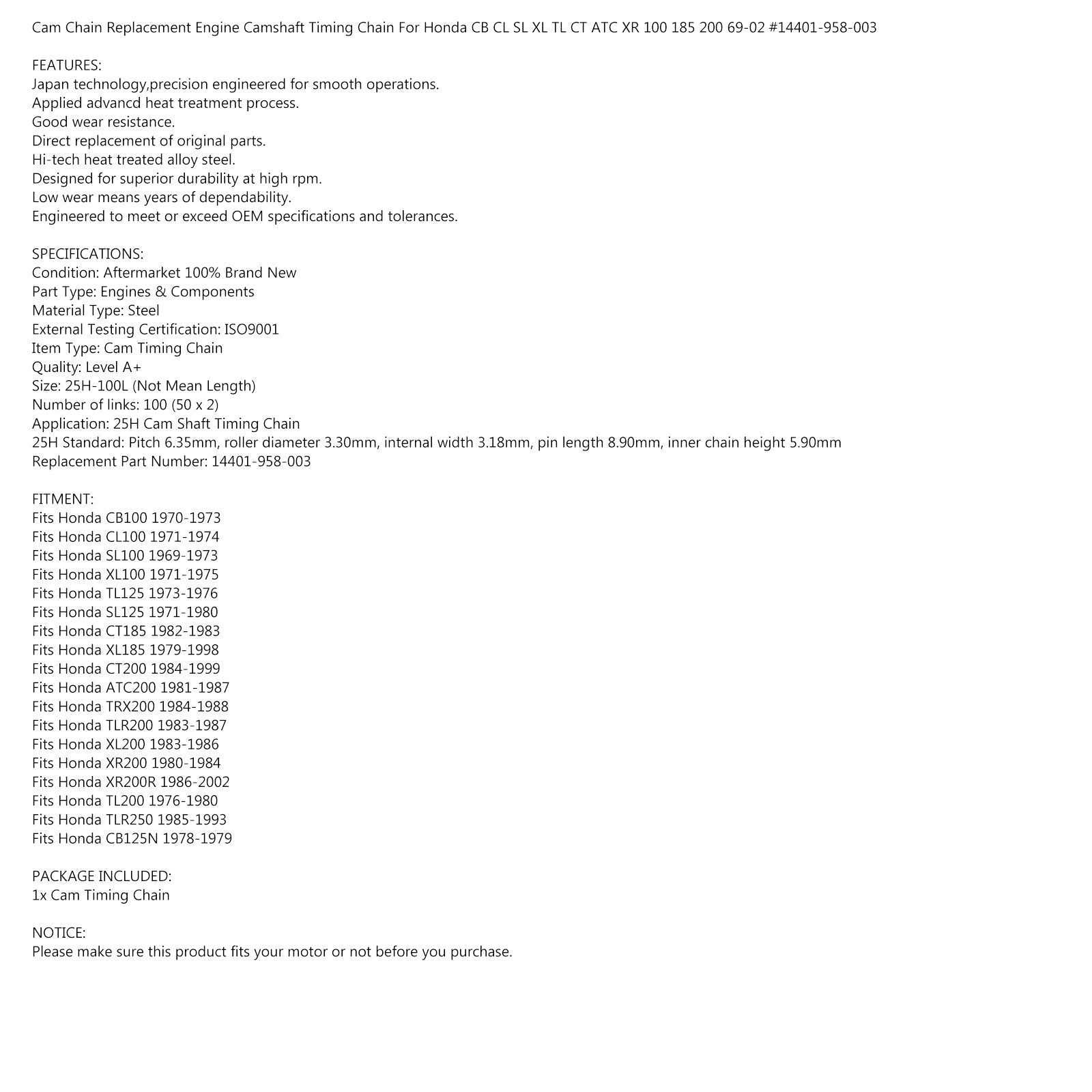 CAM veriga 25H-100L za Honda XL185 XR200 ATC185S 200X ATV TRX200 14401-958-003 Generic