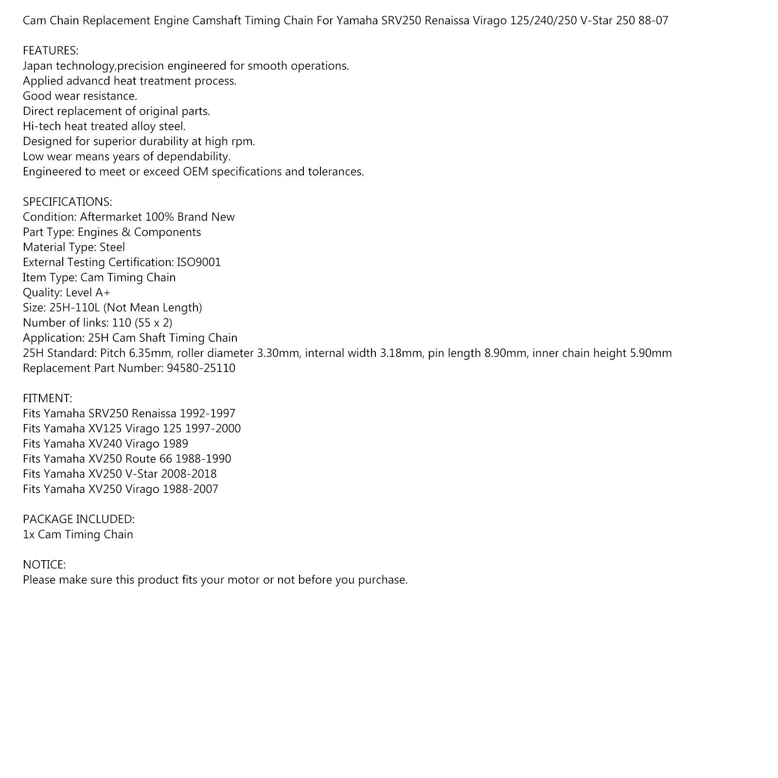 Catena Camma 25H-110L per Yamaha XV 125 VIRAGO XV125 240 250 V-Star 94580-25110 Generico