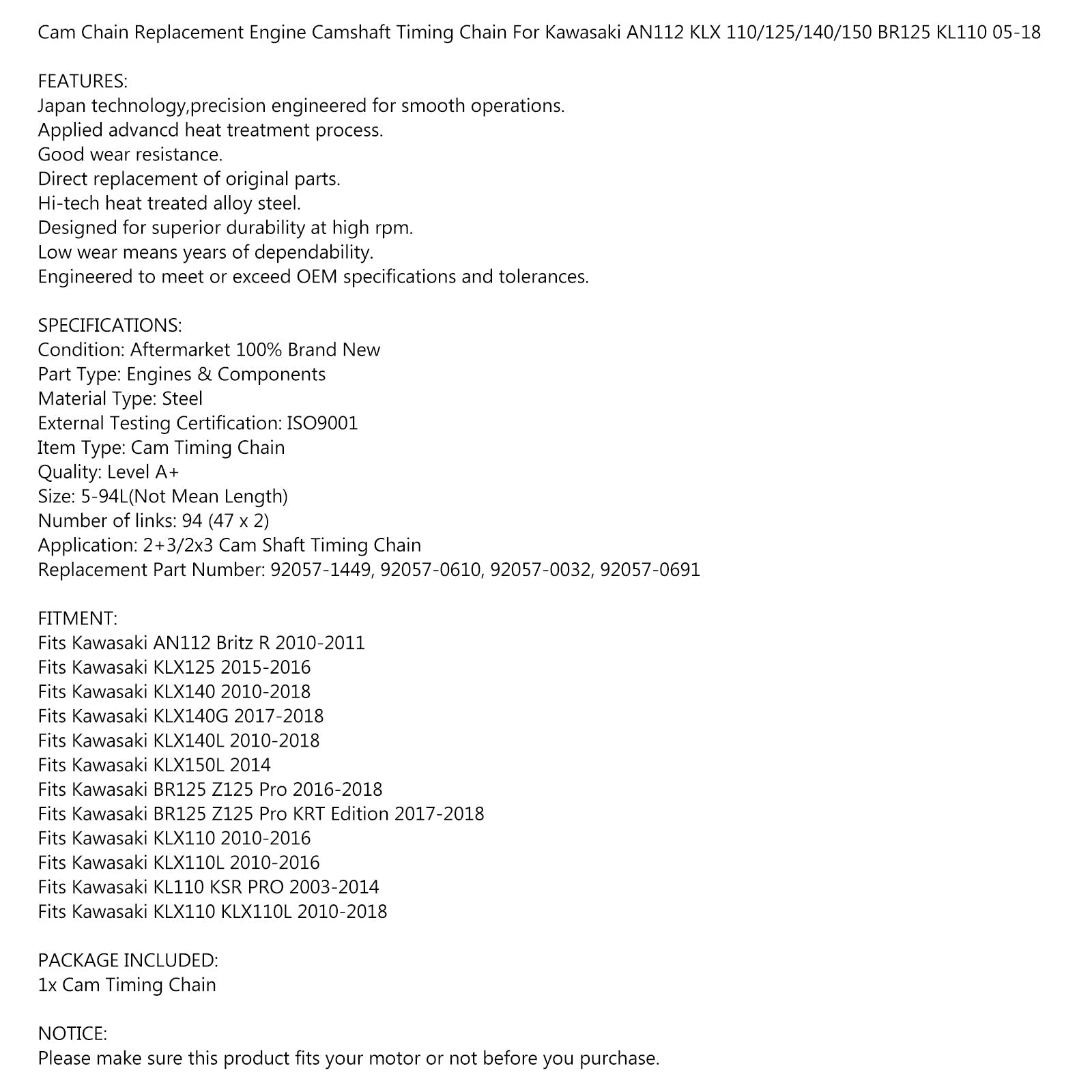 Łańcuch krzywkowy 94 linki dla Kawasaki KLX110 KSR PRO 03-18 KLX 125/140/150 BR125 AN112 Generic