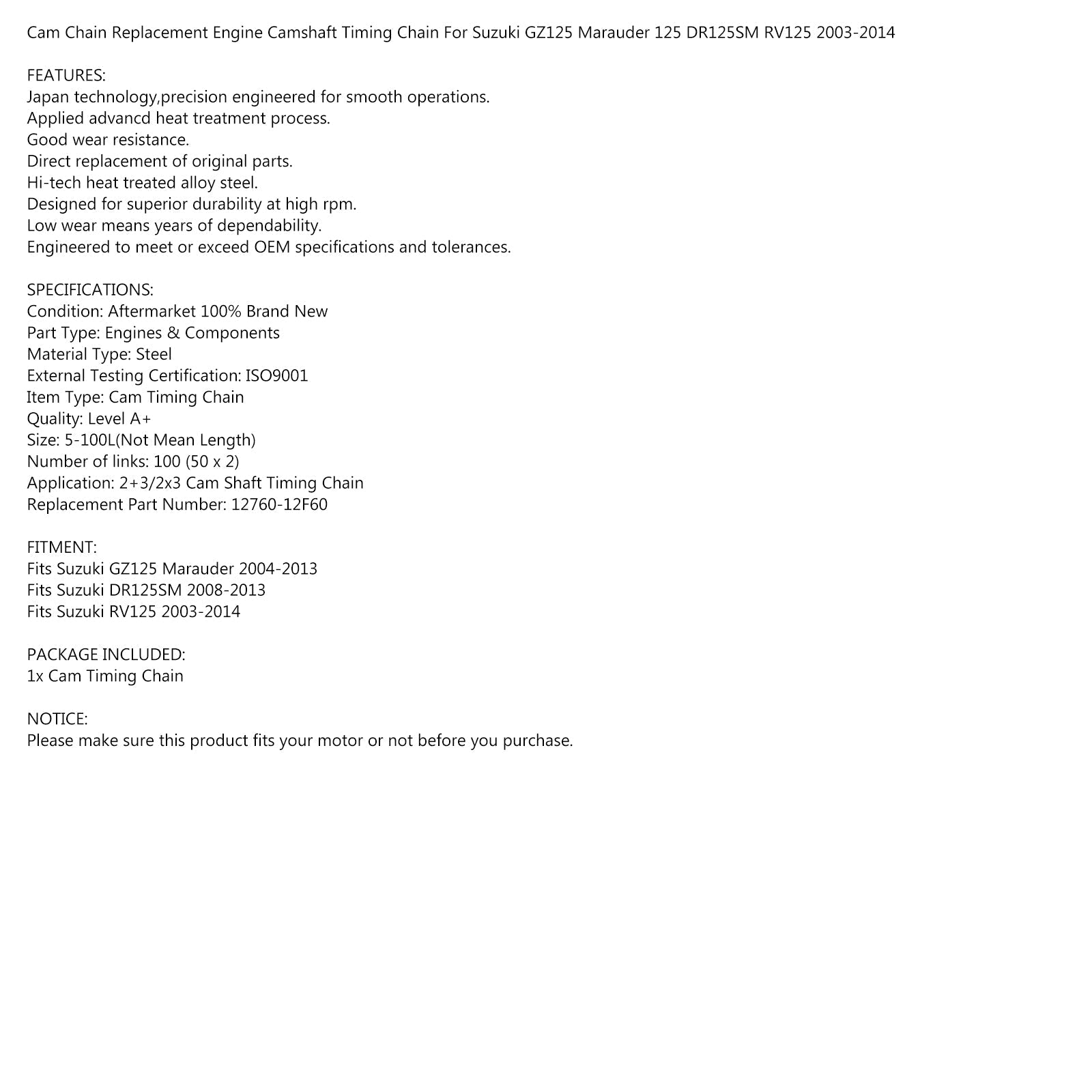 Łańcuch krzywkowy 100 ogniw dla Suzuki GZ125 Marauder / DR125SM RV125 04-13 12760-12F60 Generic
