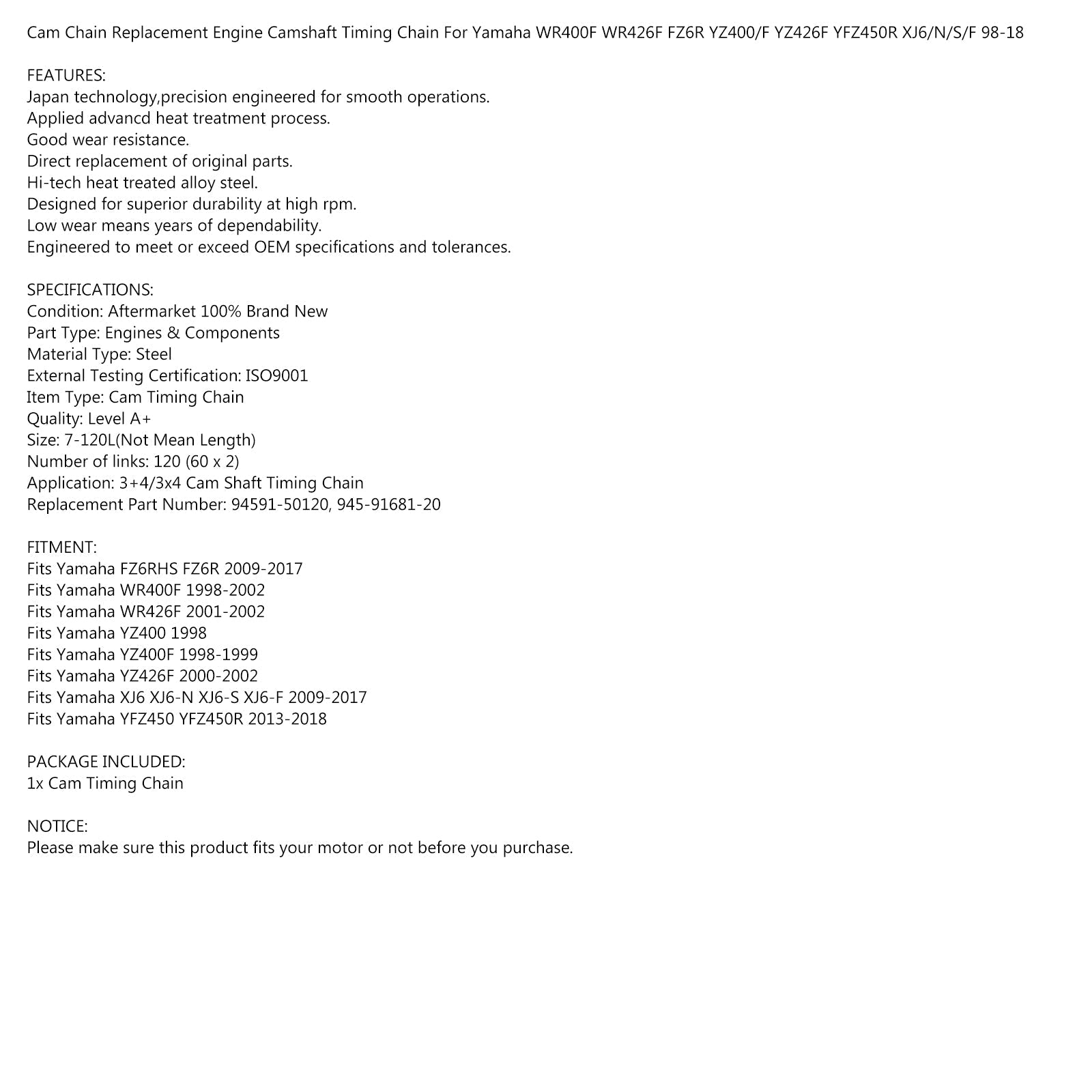 Łańcuch krzywkowy 120 linków do Yamaha WR400F WR426F YZ400 YZ400F YZ426F 94591-50120-00 Generic