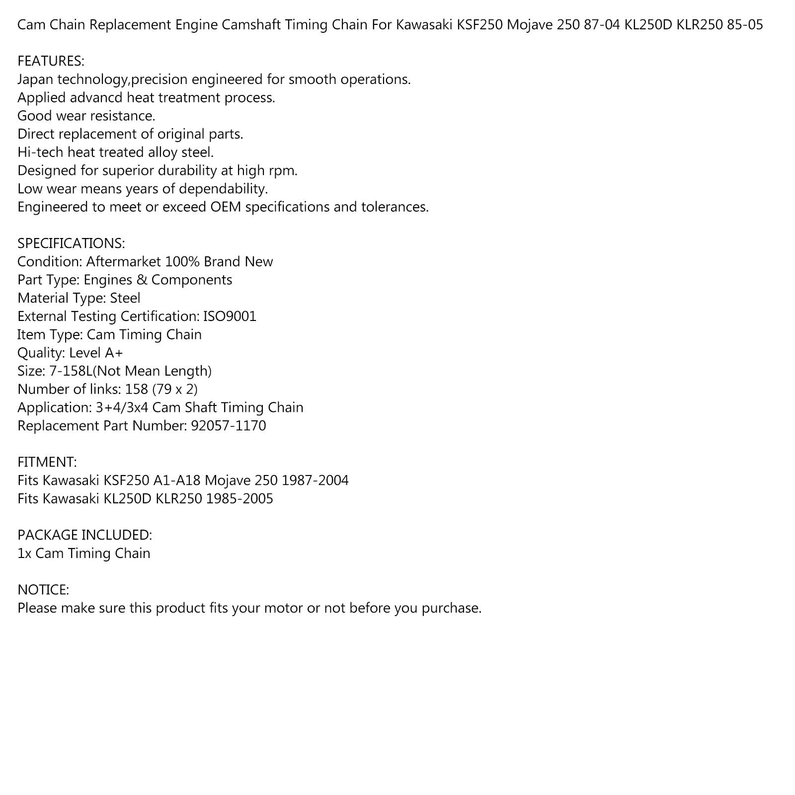 Nokkaketju 158 Linkit Kawasaki 90-05 KLR250 85-89 KL250 87-04 KSF250 MOJAVE Generic