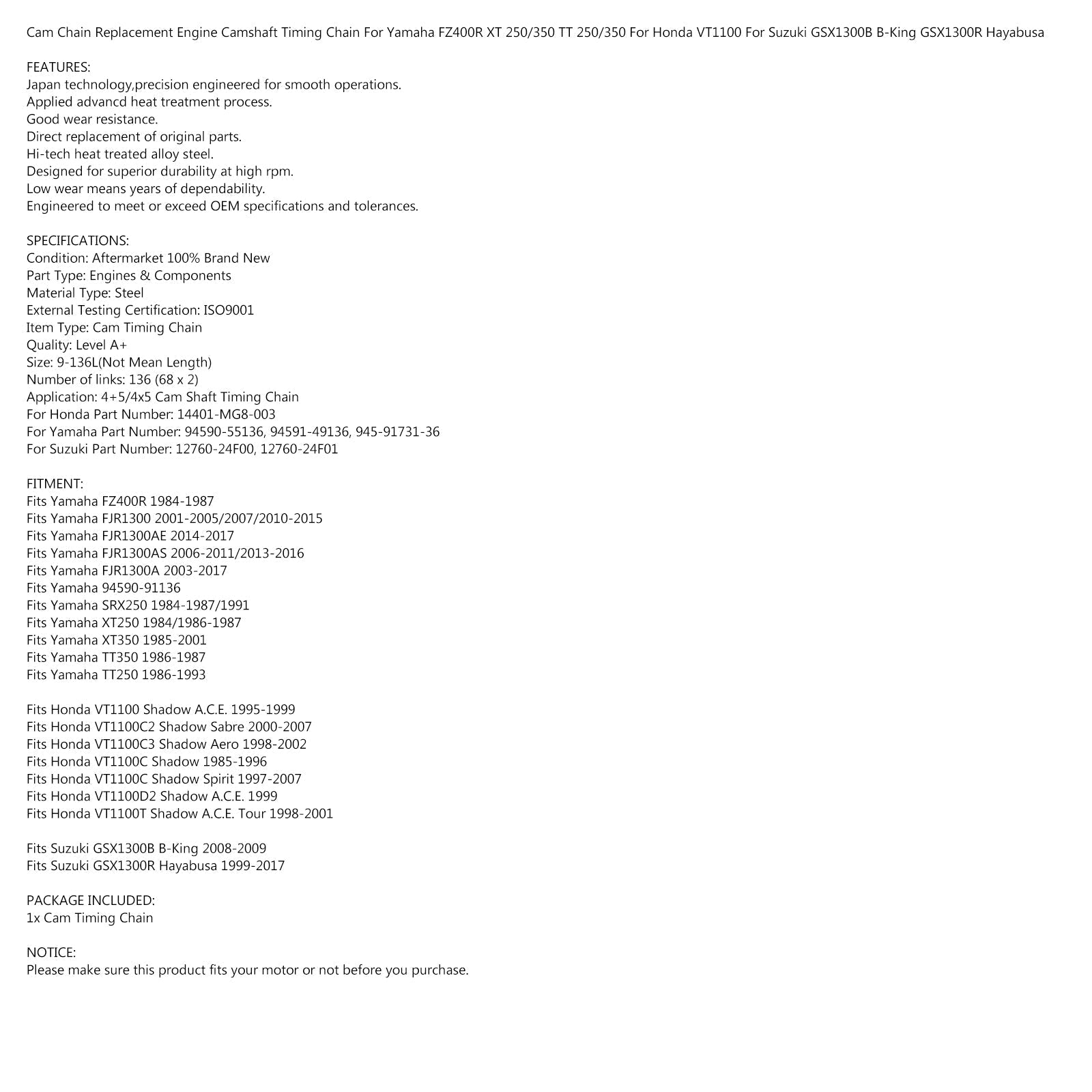 Łańcuch rozrządu dla Suzuki GSX1300R Hayabusa GSX1300B B-King 99-17 #12760-24F01 Generic