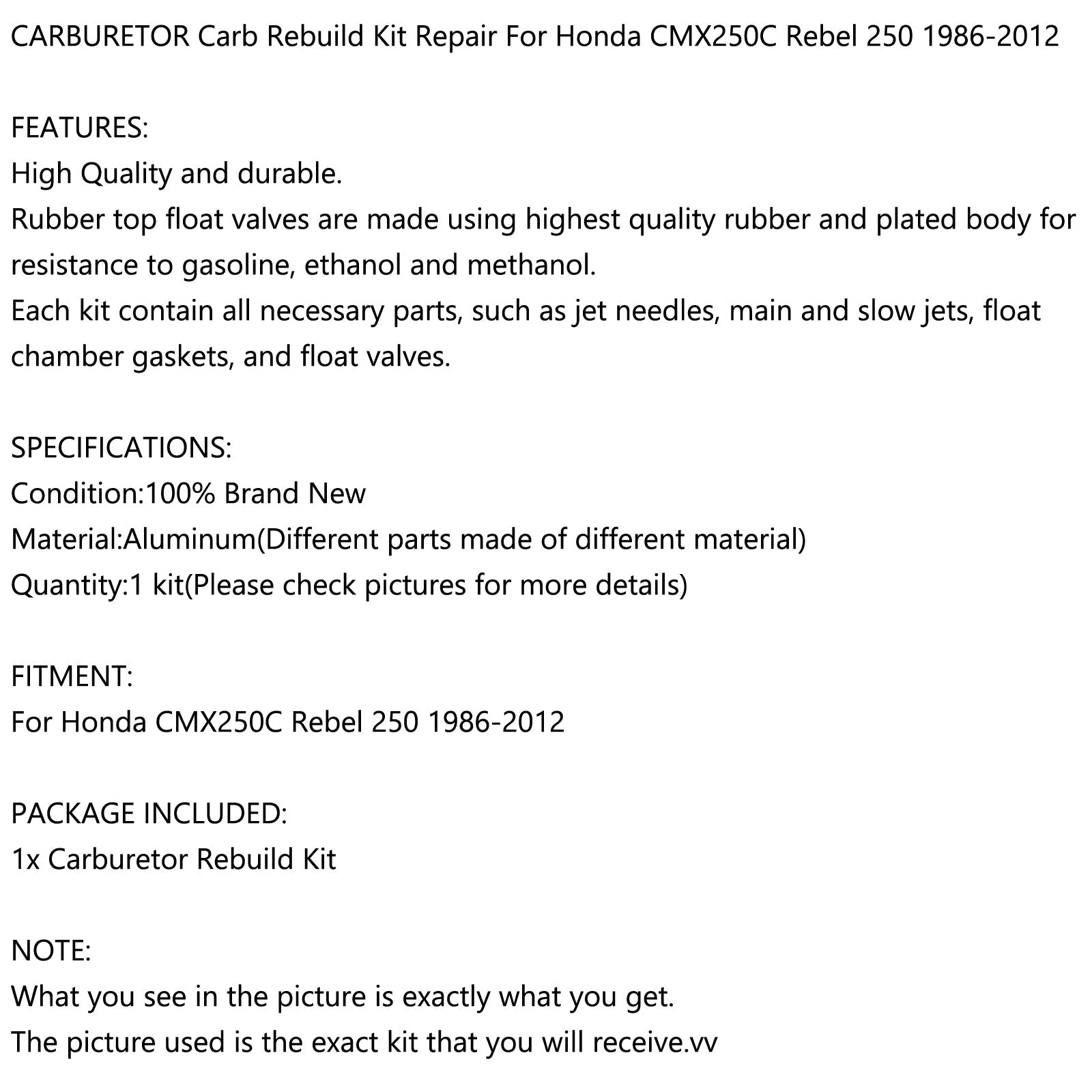 Zestaw naprawczy gaźnika do odbudowy gaźnika do Hondy CMX250C Rebel 250 86-12 #.0201-318 Generic