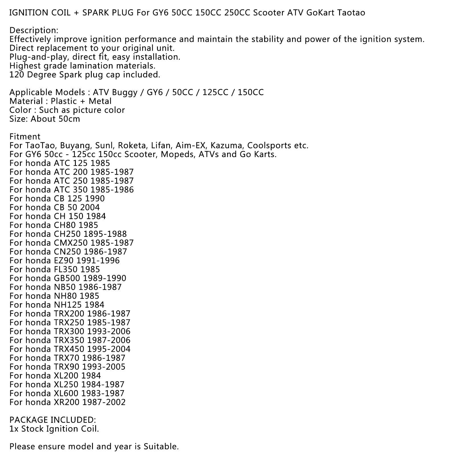 BOBINE D'ALLUMAGE Pour GY6 50CC 150CC 250CC Scooter ATV GoKart Taotao Kazuma Sunl Générique