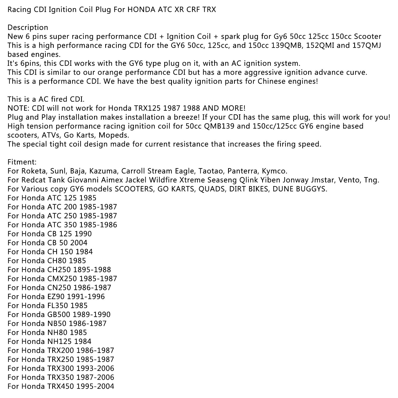 Wyścigi CDI nakładka na cewkę zapłonową dla HONDA ATC XR CRF TRX 300 50CC 125CC 150CC GY6 Generic