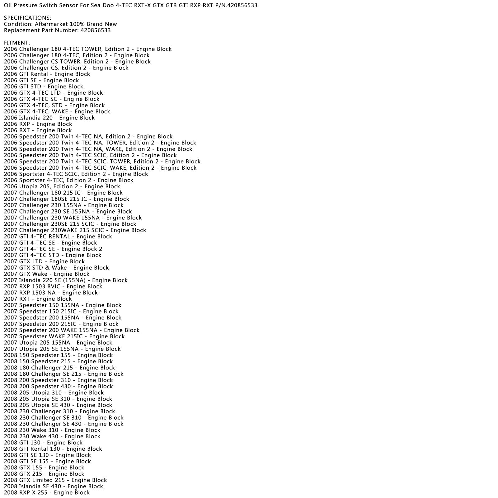 Sensore pressione olio per Sea Doo 4-TEC RXT-X GTX GTR GTI RXP RXT 420856533 generico