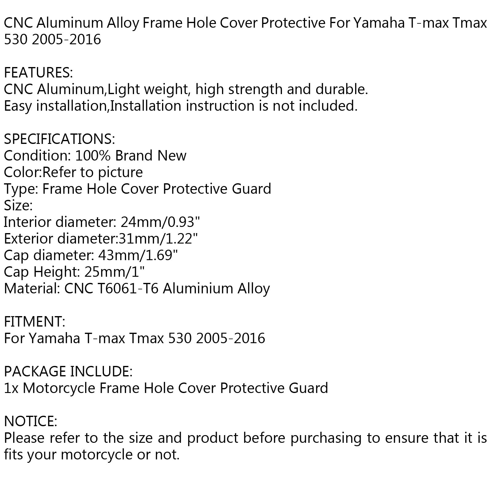 Couvercle de trou de cadre de moto CNC de protection pour Yamaha T-max Tmax 530 2005-2016 générique