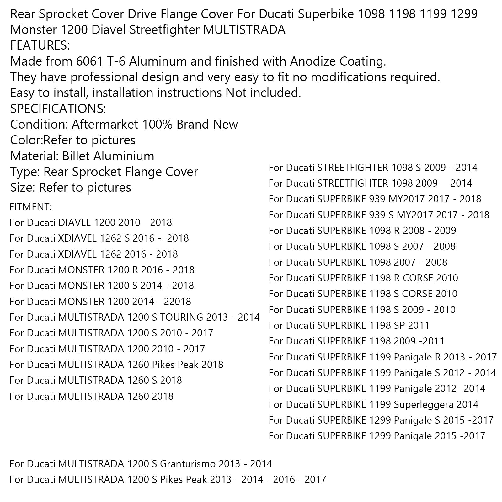 Couvercle de bride de pignon arrière pour Ducati Superbike 1098 1198 1199 1299 Monster 1200 générique