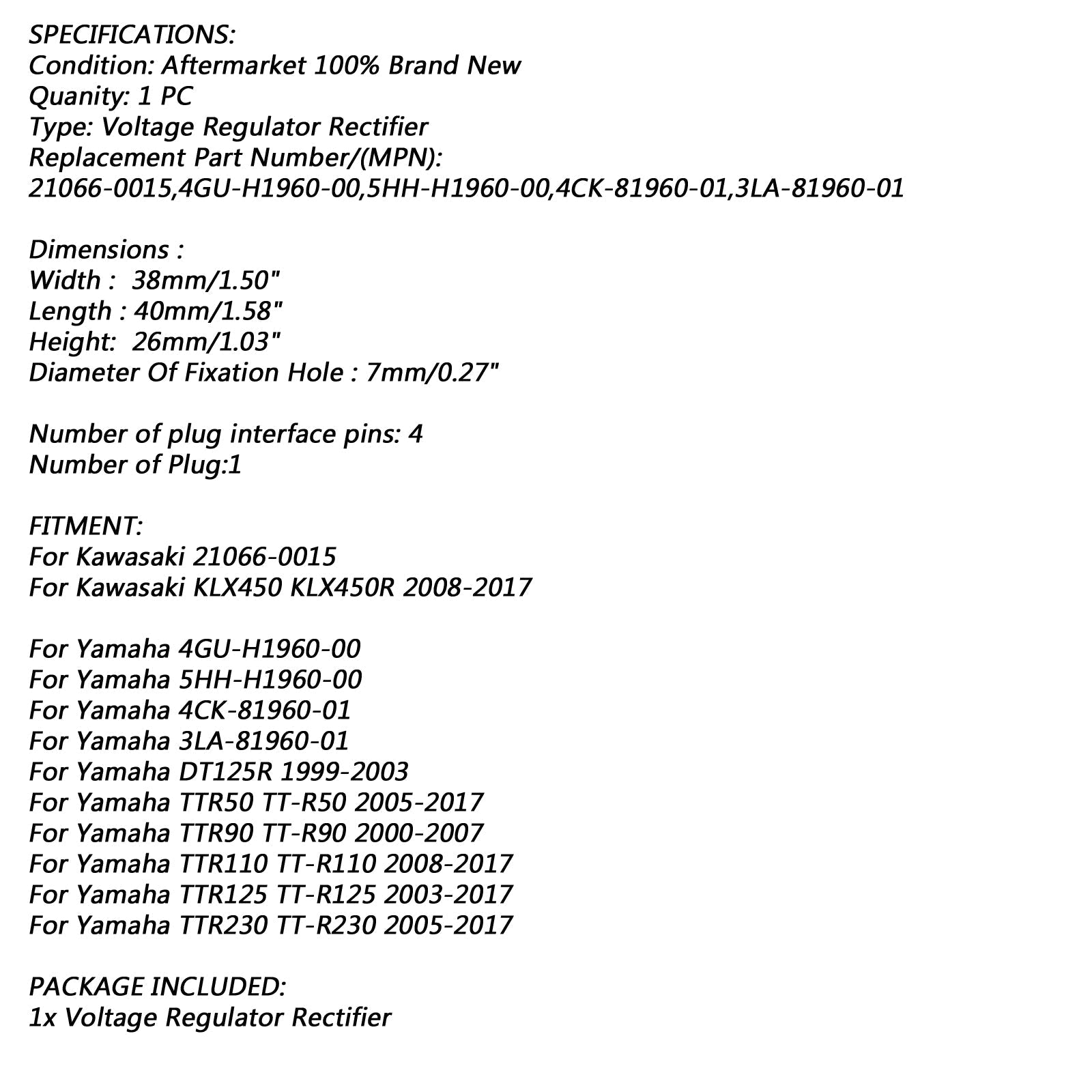 Raddrizzatore regolatore di tensione per Kawasaki KLX450 KLX450R 2008-2017 21066-0015 Generico