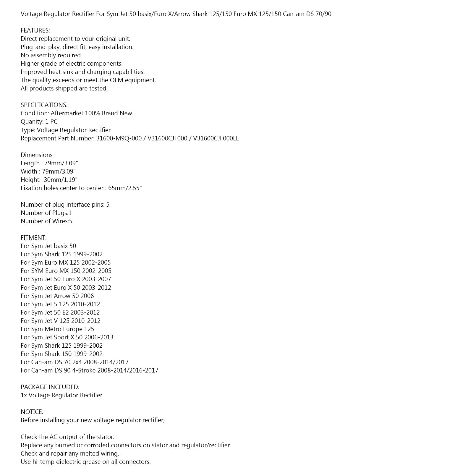 Transcreeic regulator usmernik za Sym Jet Metro Euro MX Shark 50 125 31600-M9Q-000 generic
