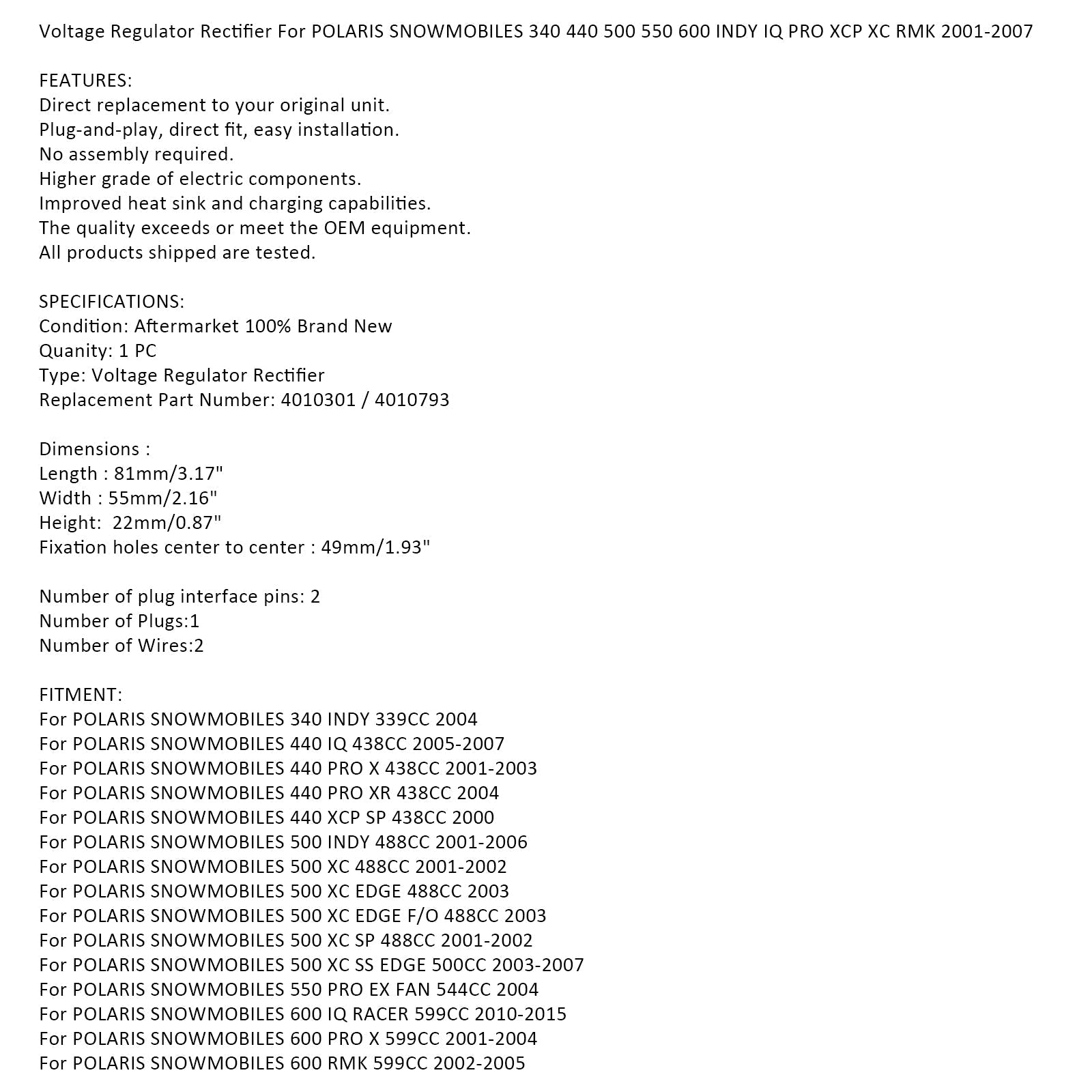 Régulateur redresseur de tension pour motoneige Polaris 440 500 600 4010301 4010793 générique