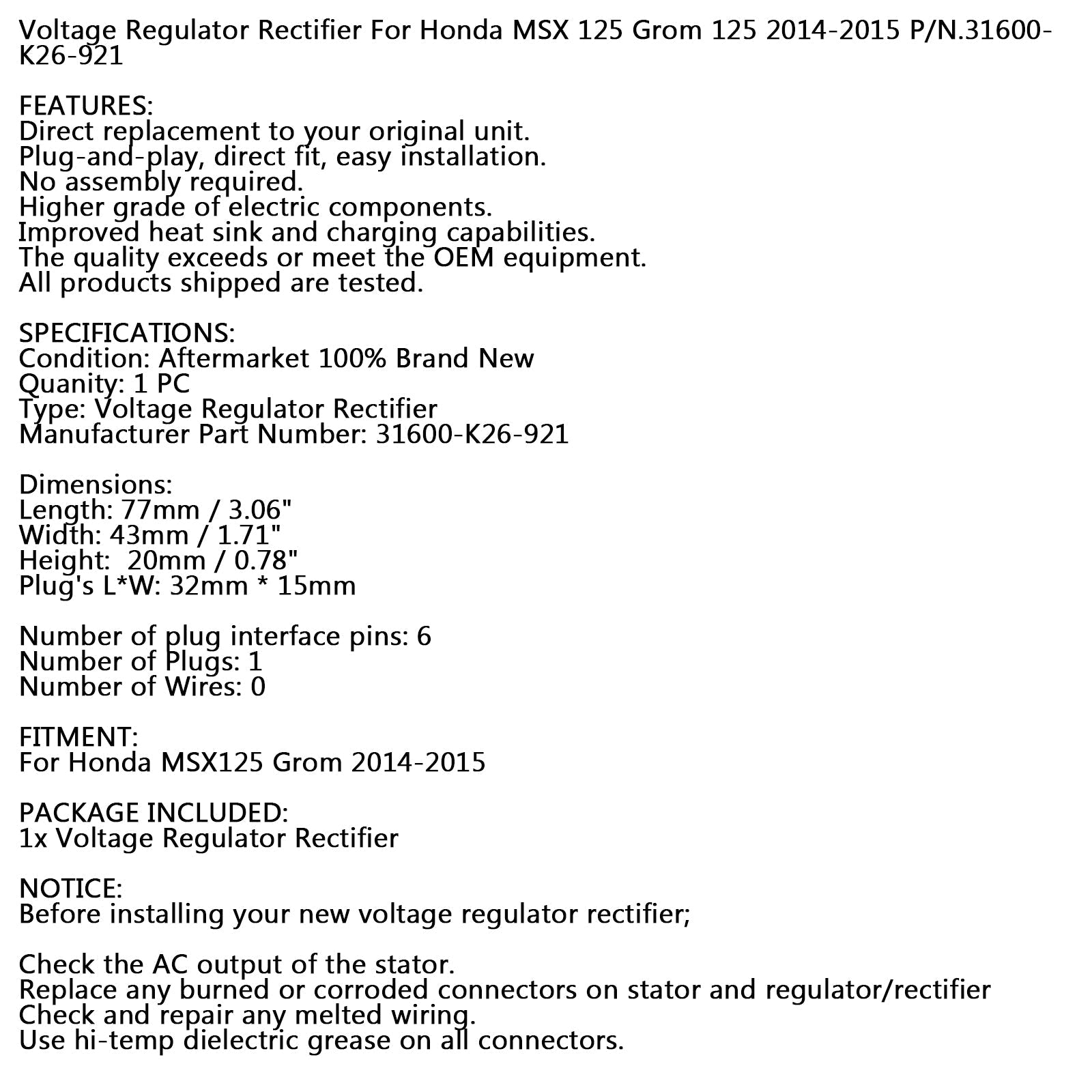 Spanningsregelaar Gelijkrichter Fit voor Honda MSX 125 Grom 14-15 AFS110 Wave 110 12-15 Generieke