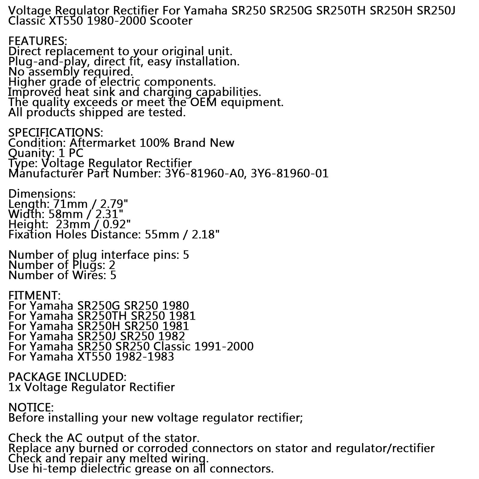 Rectificador regulador de voltaje para Yamaha SR250 G/H/T Exciter 250 80-00 XT550 82-83 Genérico