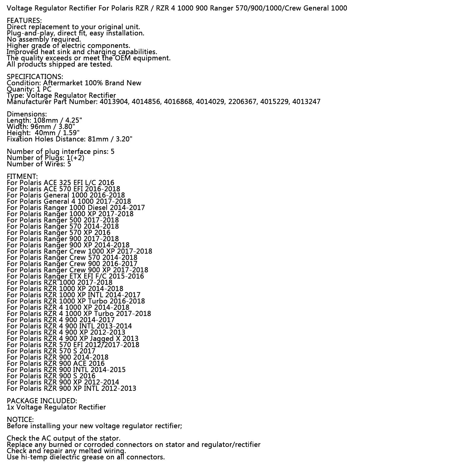 Jännitteensäätimen tasasuuntaussarja Polaris RZR 1000 XP 4 2014-2018 2206367 Generic