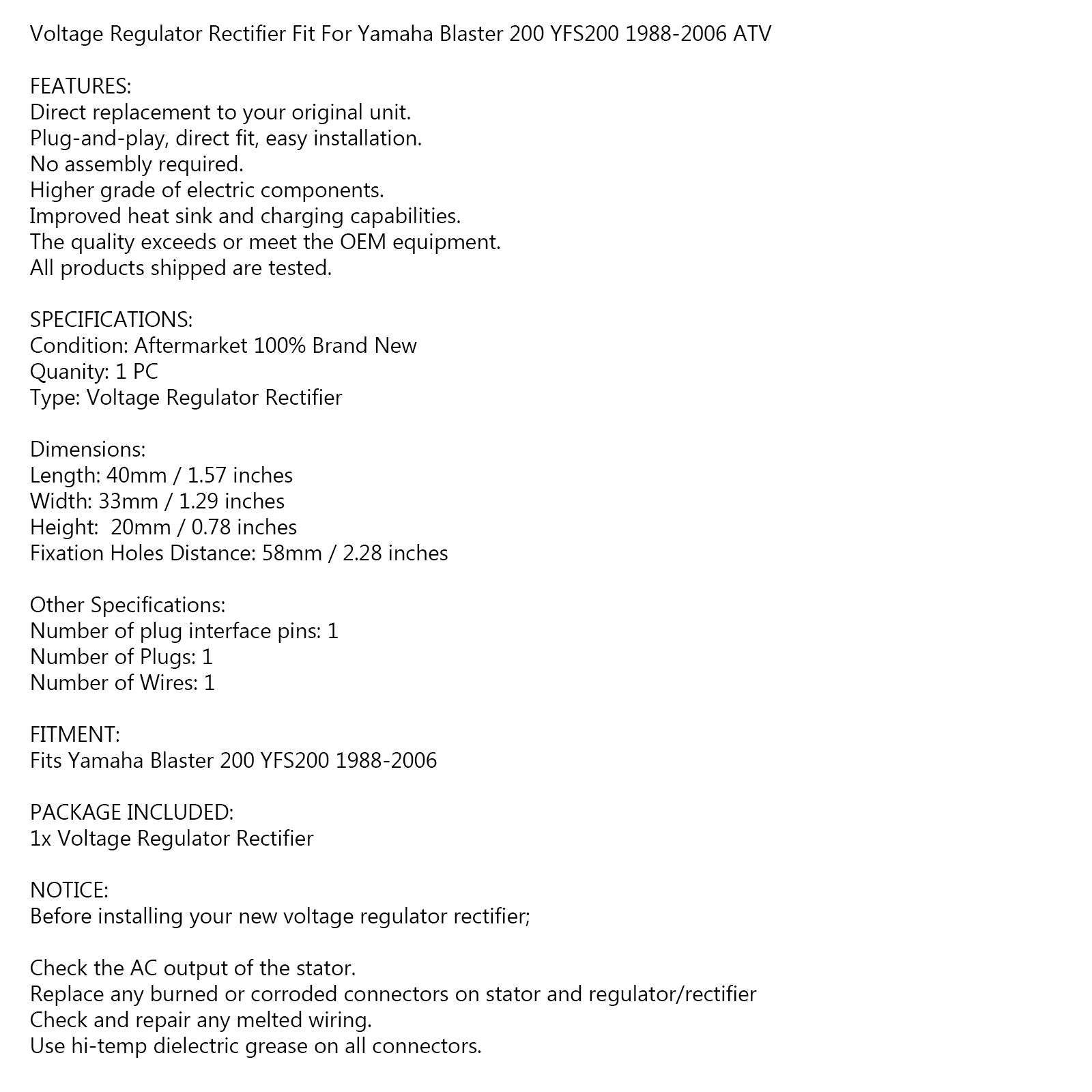 Spanningsregelaar Gelijkrichter voor Yamaha Blaster 200 YFS200 1988-2006 ATV Generiek