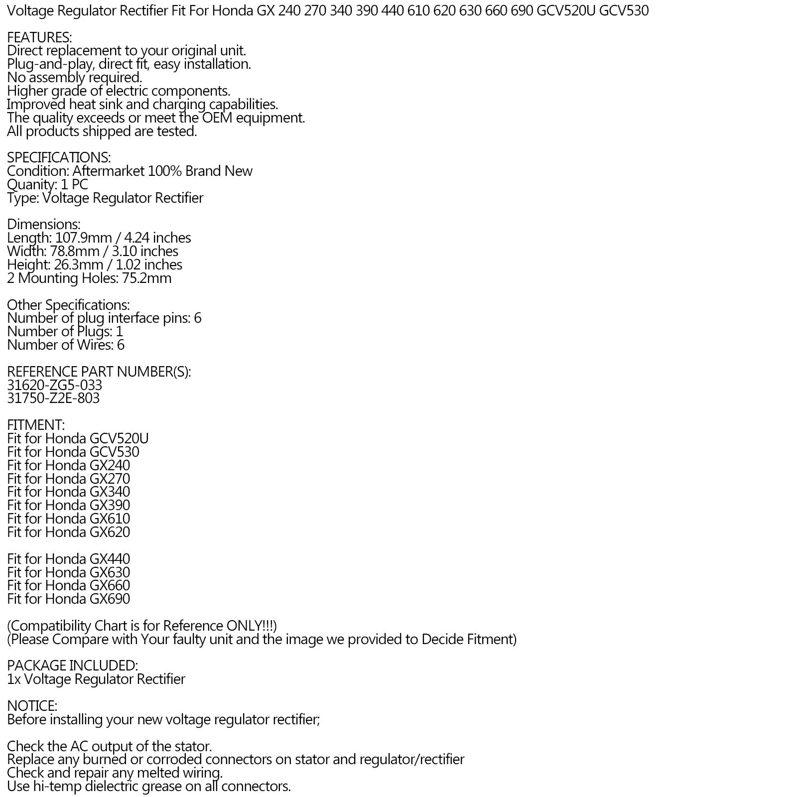 Spanningsregelaar Gelijkrichter Fit voor Honda GX440 GX630 GX660 GX690 31750-Z2E-803 Generiek