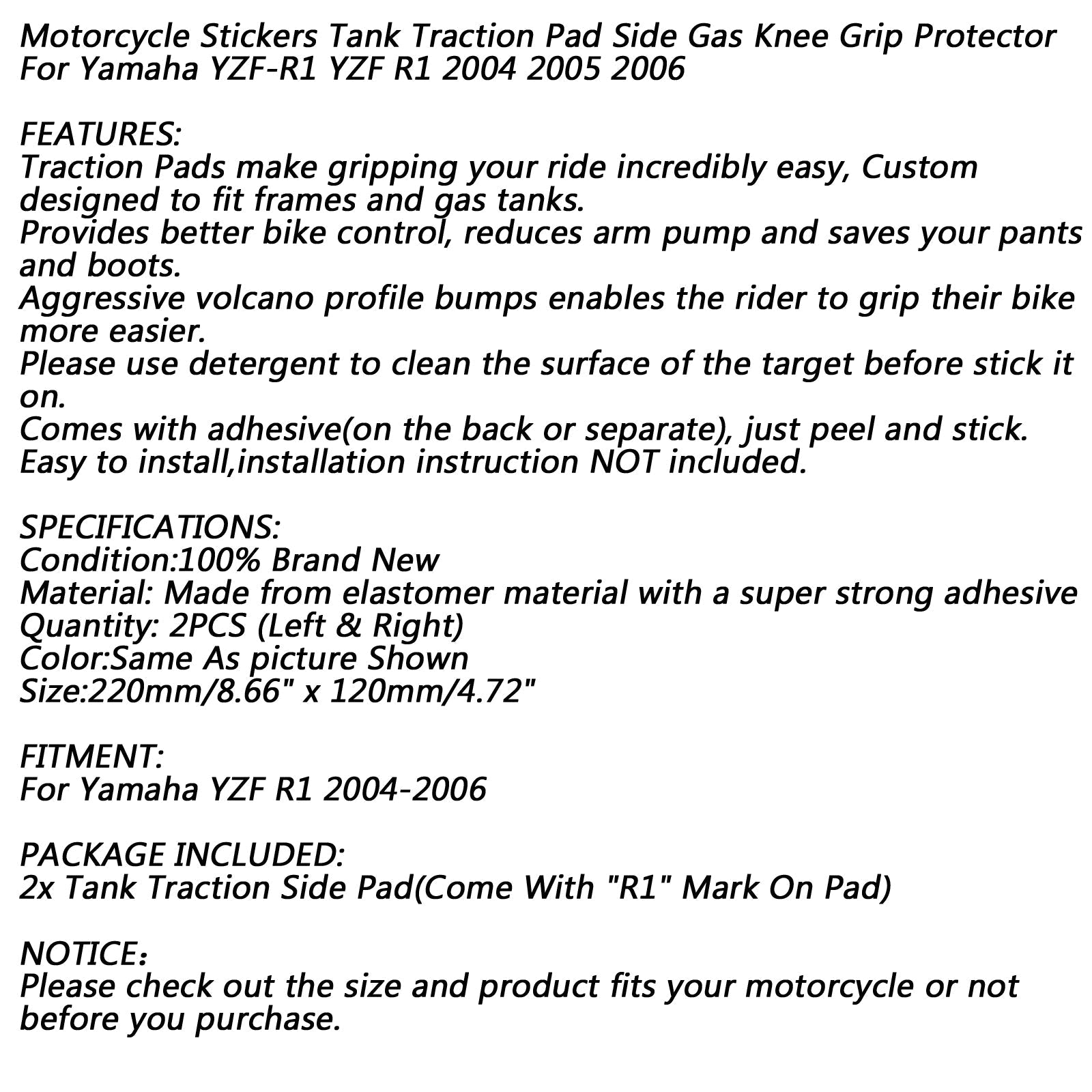 Poignée de genou de gaz de carburant de protection latérale de Traction de réservoir pour Yamaha YZF R1 2004 2005 2006 générique