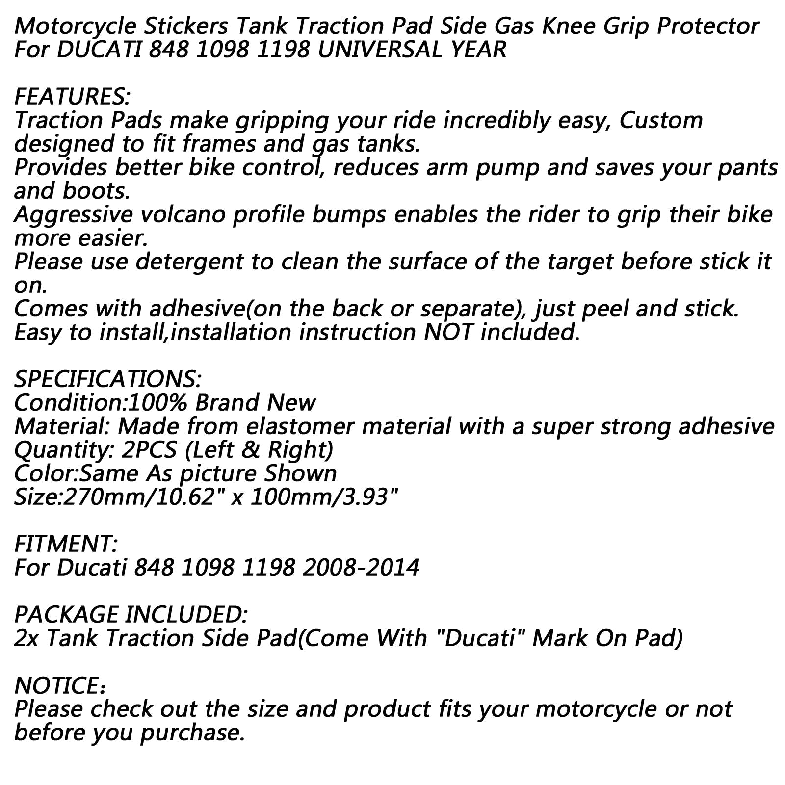 Boczne uchwyty paliwa kolanowego z rozciągania rozciągania zbiornika dla Ducati 848/1098/1198 2008-2014