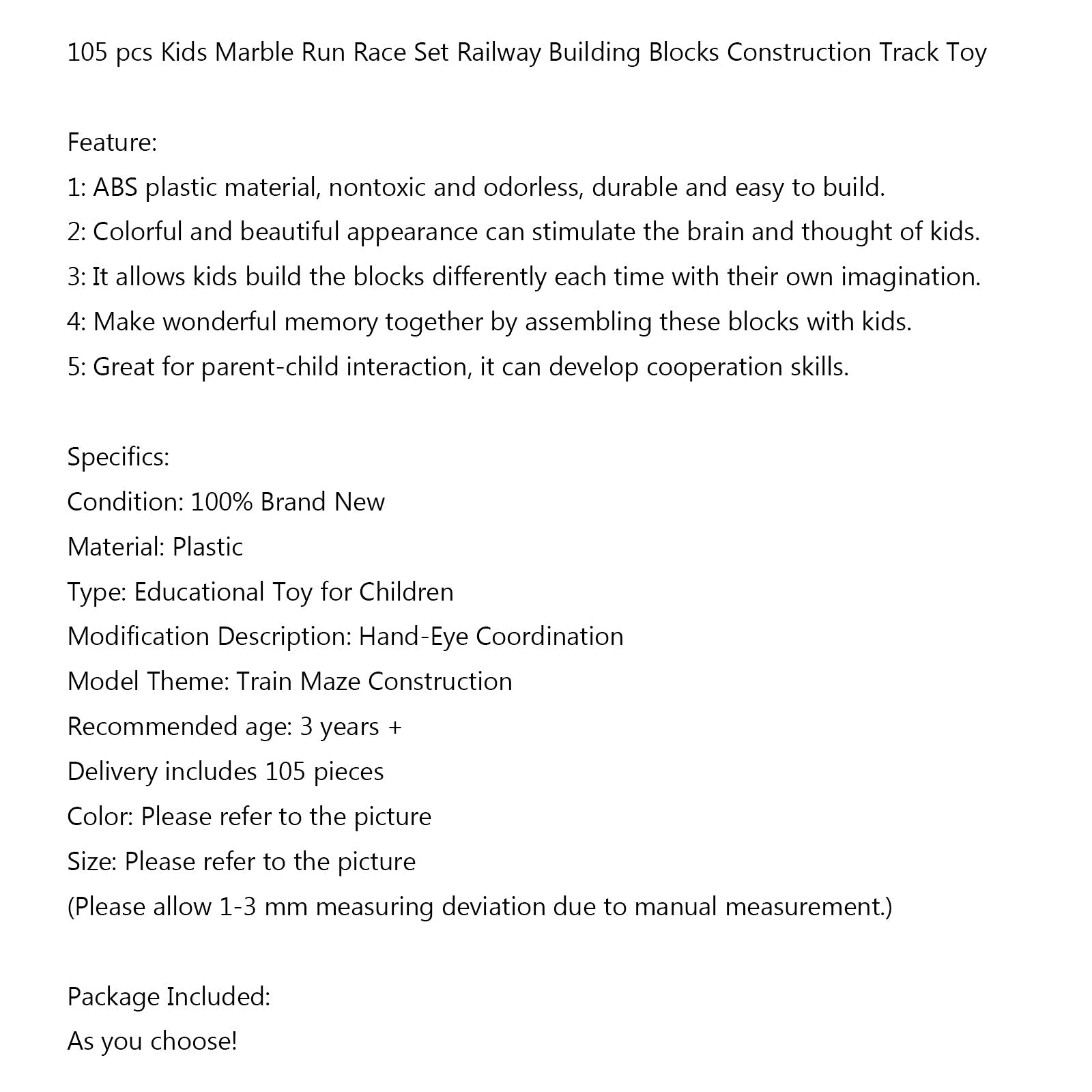 105pcs Kids Marble Run Race Set Railway Grailtings Gradbeni tir Toy Generic