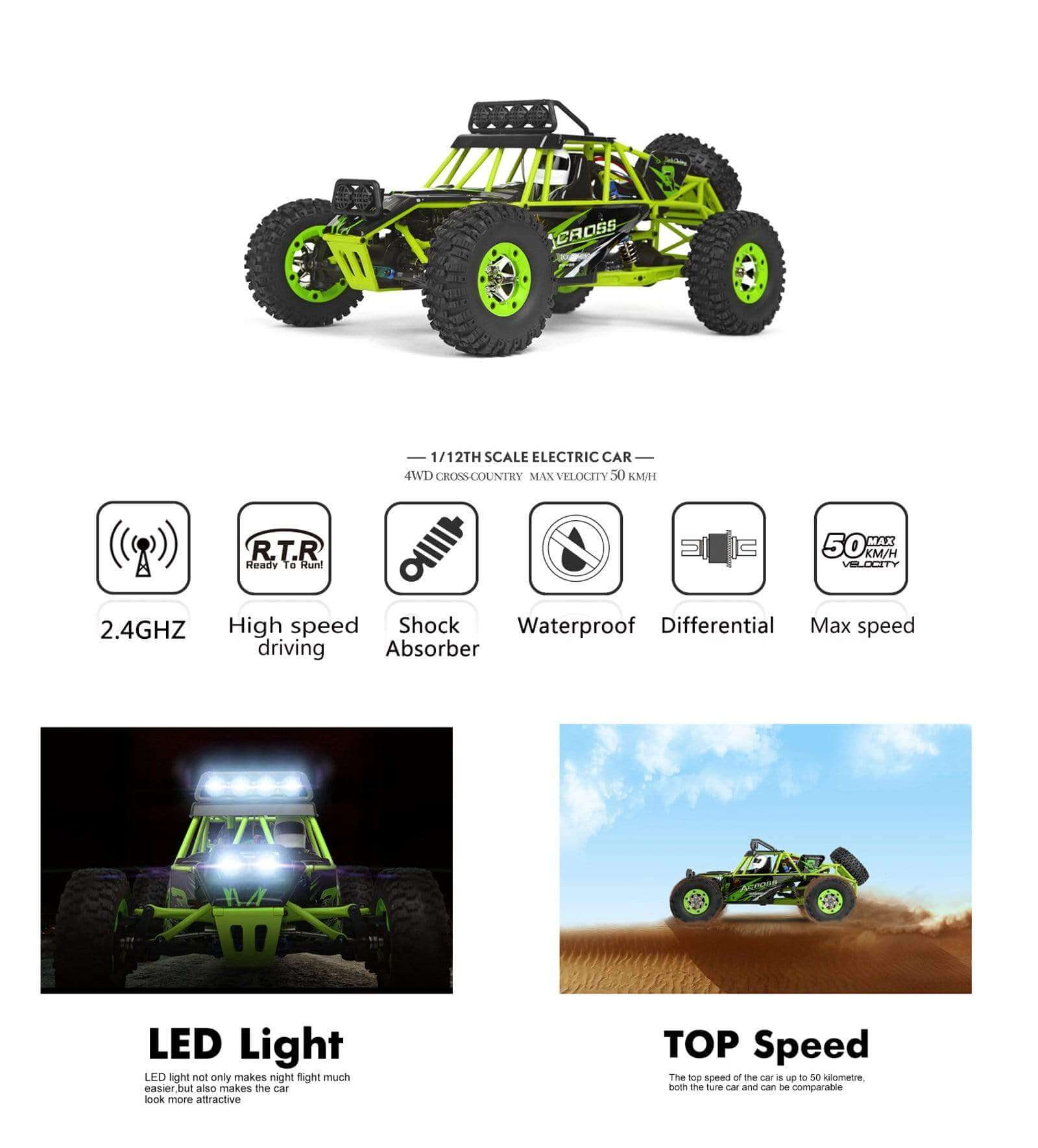 RC Car Electric Brushed Crawler RTR Auto Prezent Wltoys 12428 1/12 Skala 2.4G 4WD Zielony
