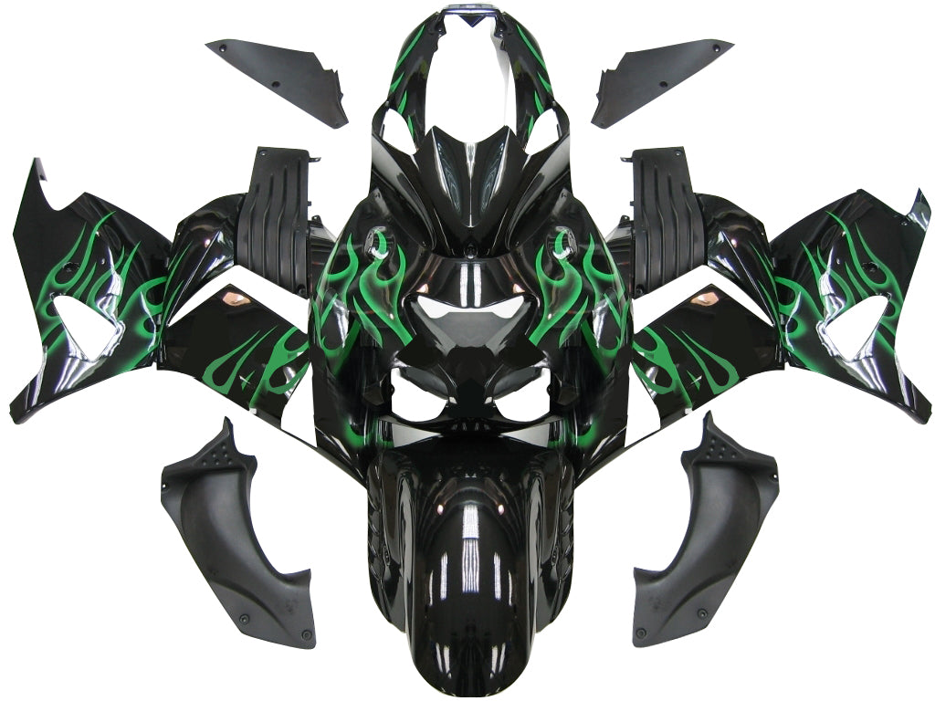 Amotopart Fairings 2006-2011 Kawasaki ZX14R Black & Green Flame Ninja ZX14R Generic