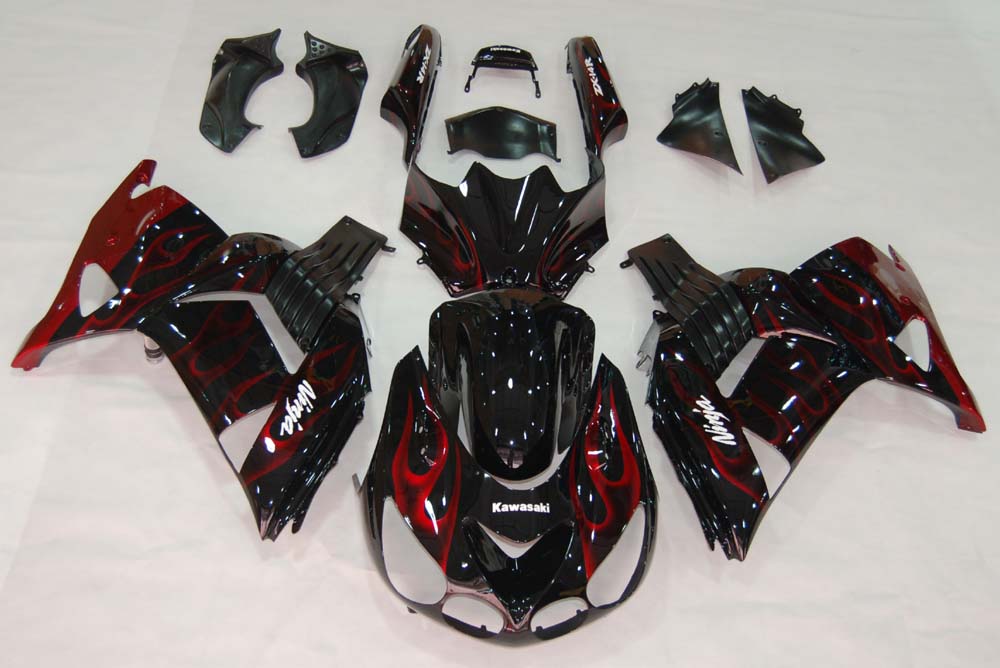 Amotopart Fairings 2006-2011 Kawasaki ZX14R Black & Red Flame Ninja Generic