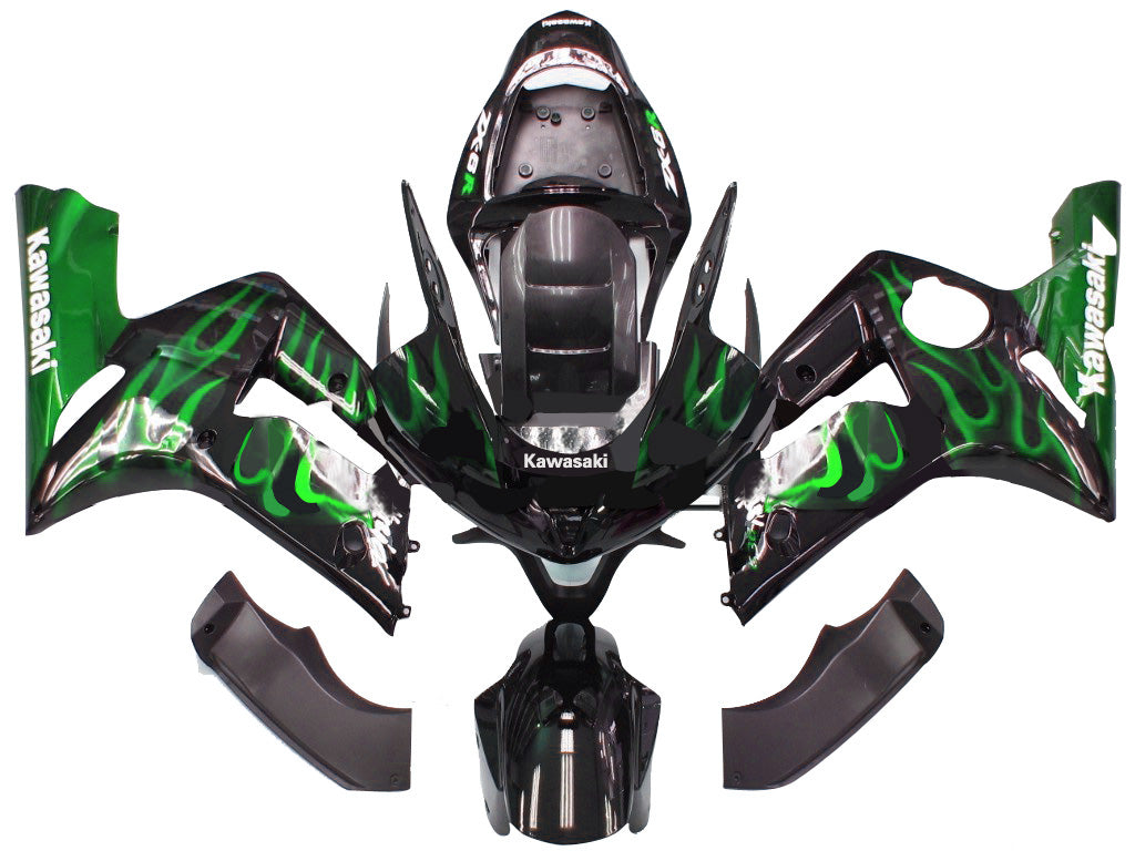 Amotopart Fairings 2003-2004 Kawasaki ZX6R 636 Black & Green Flame Ninja Generic