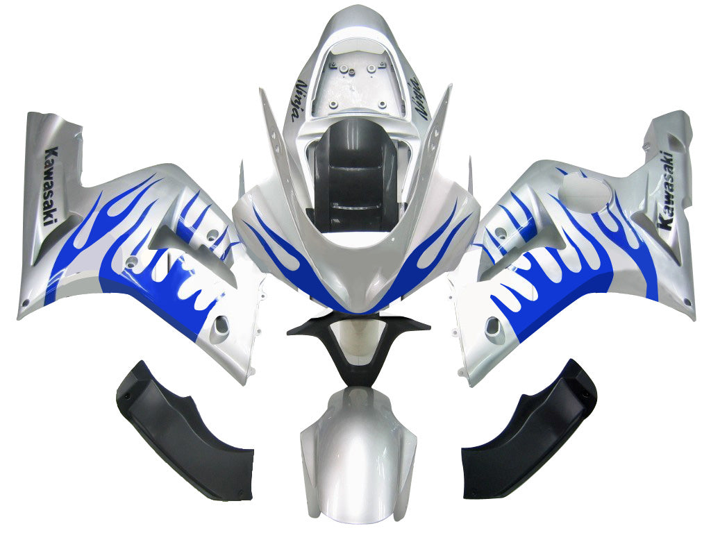 Amotopart Fairings 2003-2004 Kawasaki ZX6R 636 Silver & Blue Flame Ninja Generic