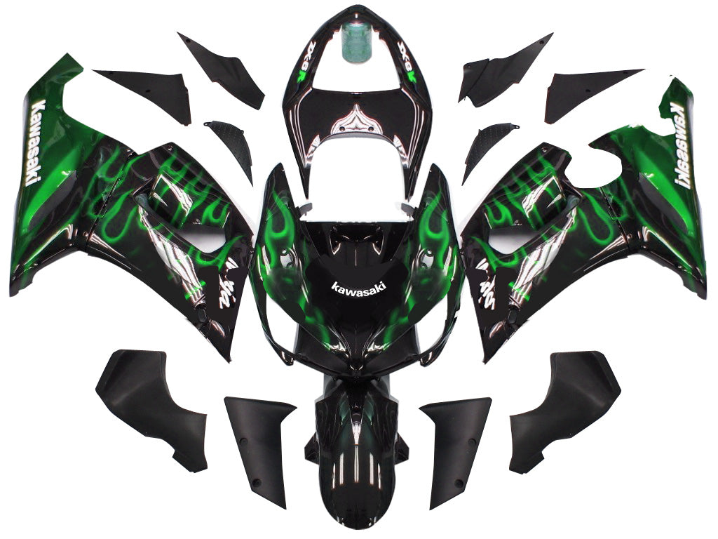 Carenados Amotopart 2005-2006 Kawasaki ZX6R 636 Negro y Verde Flame Ninja Genérico