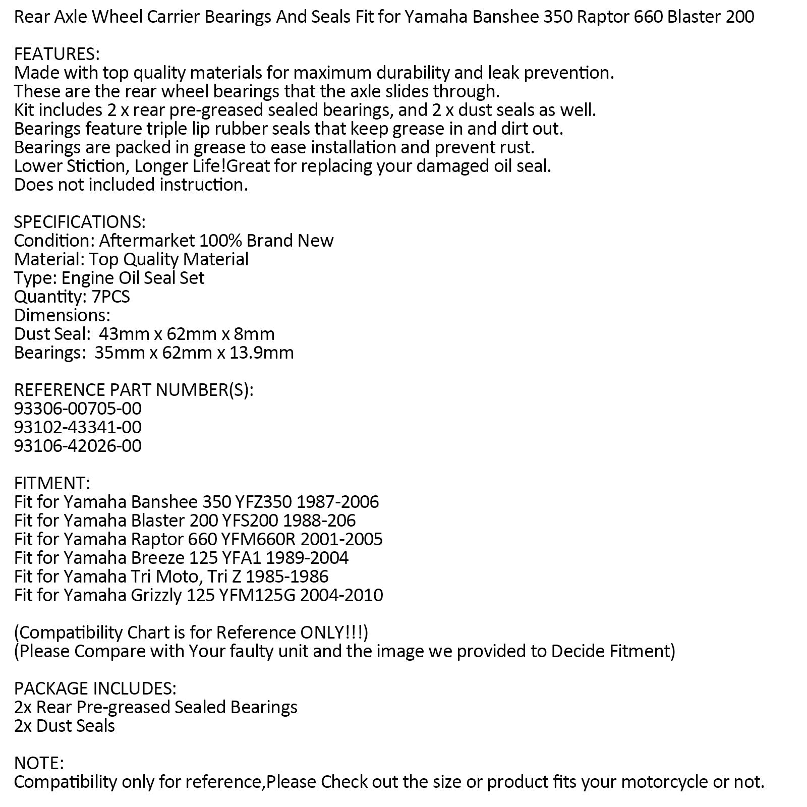 Axwethed kolesni ležaj + spoji za Yamaha Banshee Raptor 660 Generic Blaster