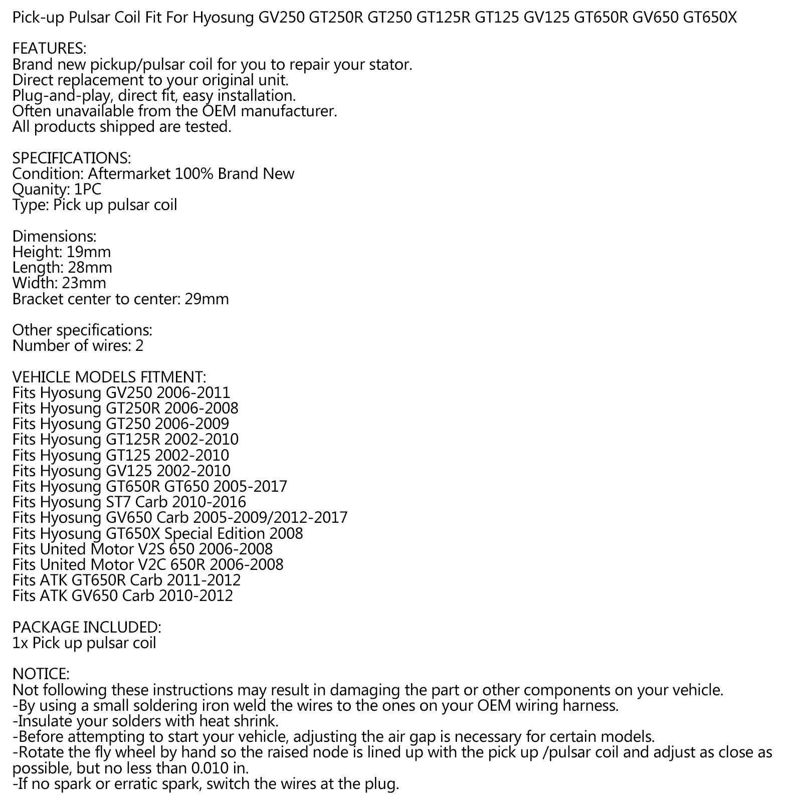 Statorski impulzni zavojni tuljava, združljiva s Hyosung/ATK GT650 GV650 United Motor 650/R Generic