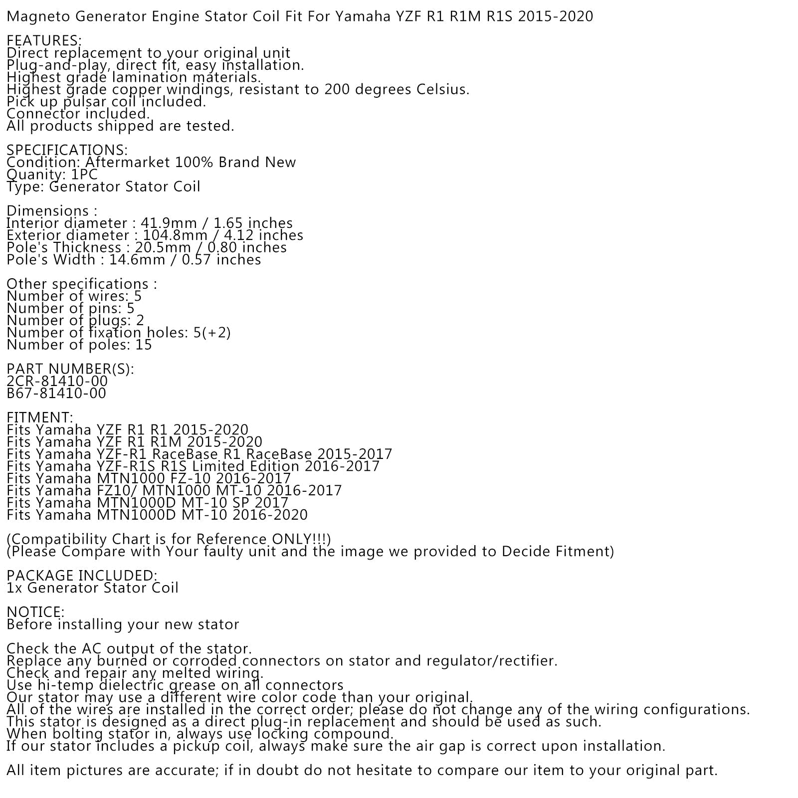 Generator Magneto Stator voor Yamaha YZF R1 R1S R1M 2015-2020 2CR-81410-00-00