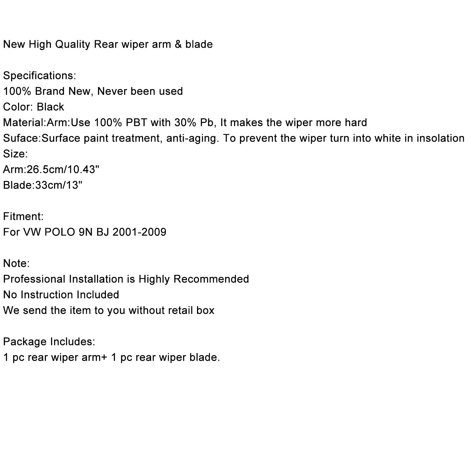 Ramię wycieraczki tylnej szyby do VW POLO 9N BJ 2001-2009 Black Generic