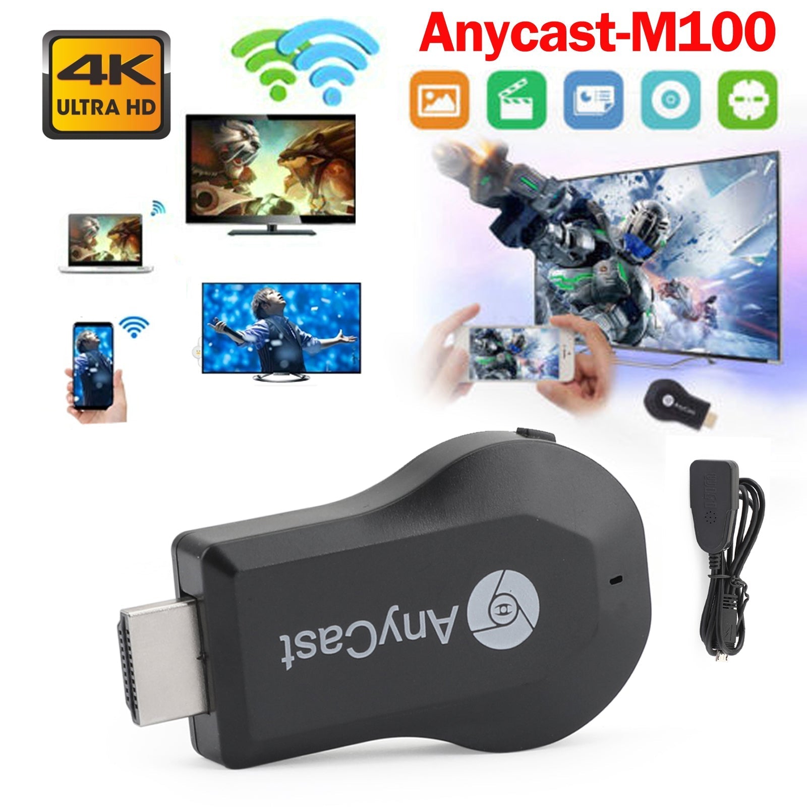 M100 True 4K TV Stick TV Streamer Anycast HDM WiFi Récepteur de dongle sans fil
