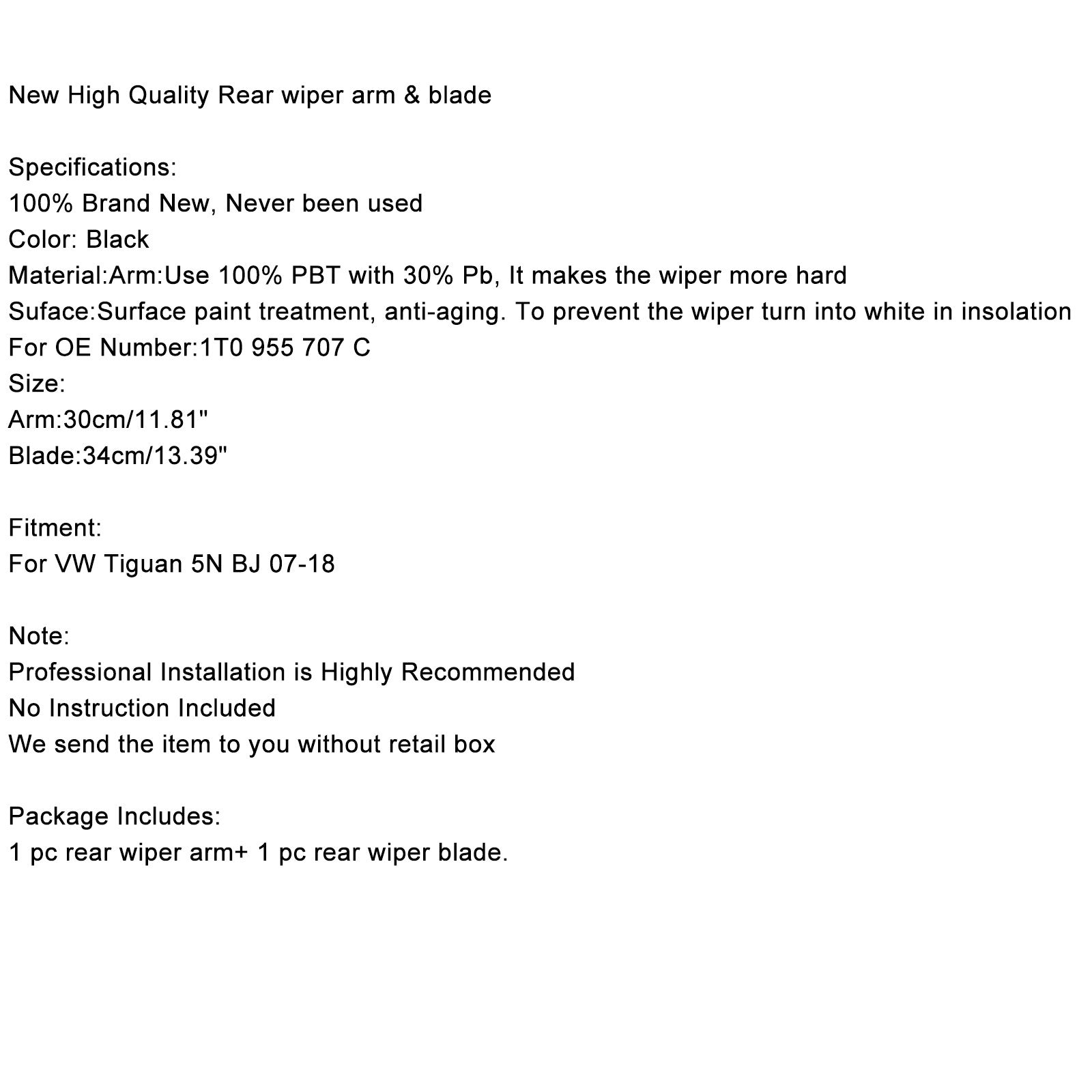 Juego de limpiaparabrisas trasero para VW Tiguan 5N BJ 2007-2018, color negro genérico