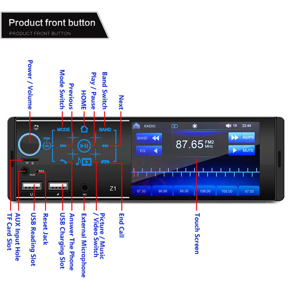 Autoradio Bluetooth à écran tactile simple Din 4 pouces FM + caméra de recul