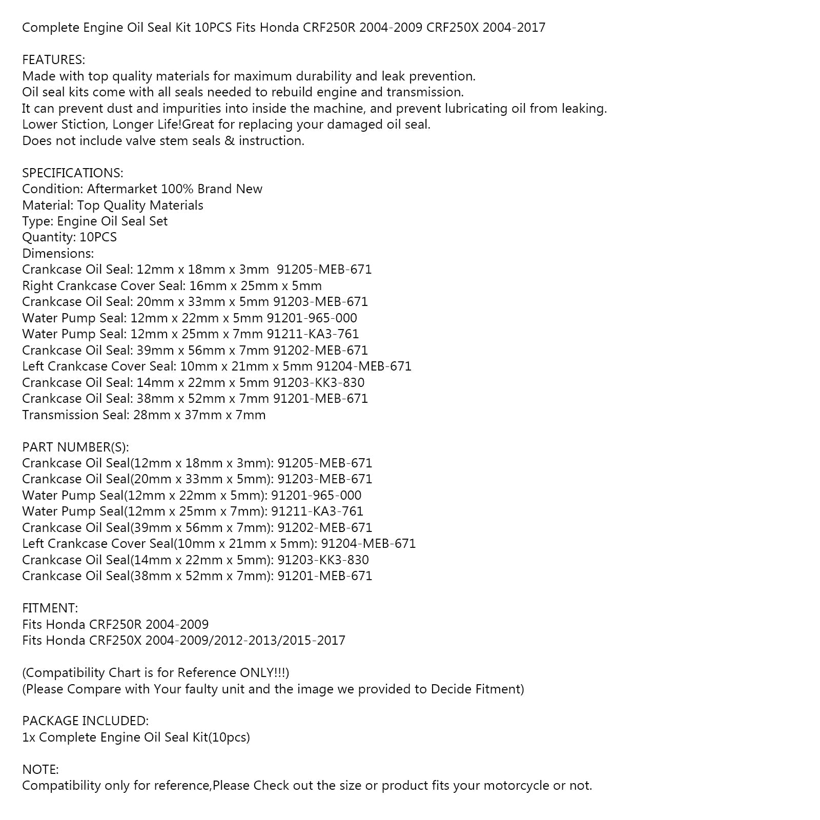 10 sztuk zestaw uszczelek olejowych silnika dla Honda CRF250R 2004-2009 CRF250X 2004-2017 Generic